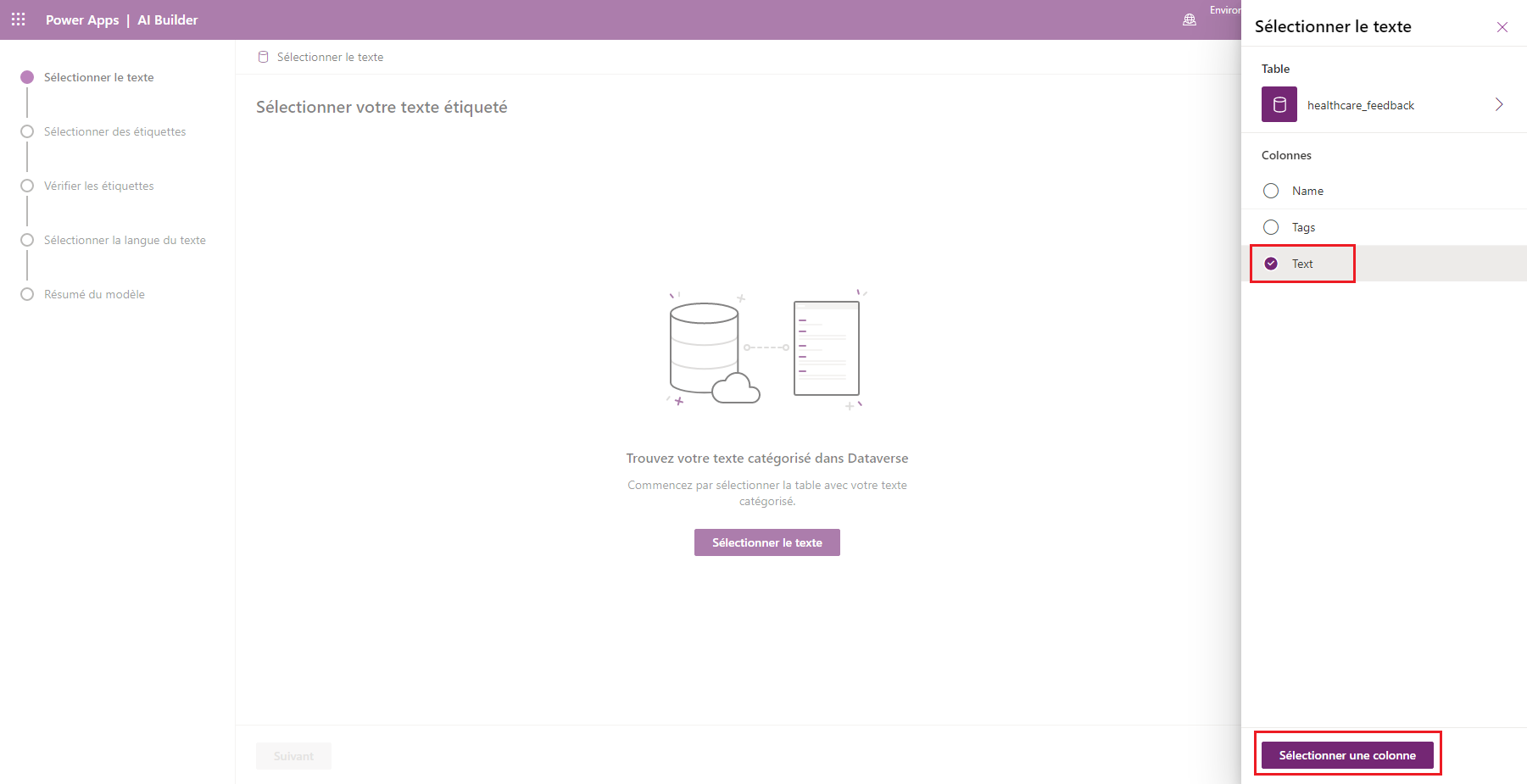 Capture d’écran du modèle Classification par catégorie dans Power Apps Studio, avec un volet à droite permettant de sélectionner la colonne Texte.