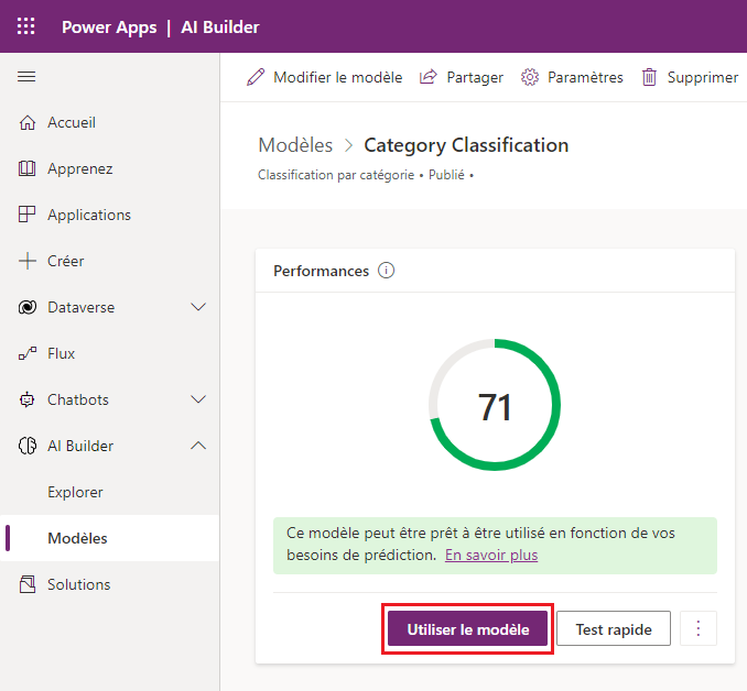 Capture d’écran du modèle Classification par catégorie dans Power Apps Studio, avec un indicateur de performance et le bouton Utiliser le modèle mis en évidence.
