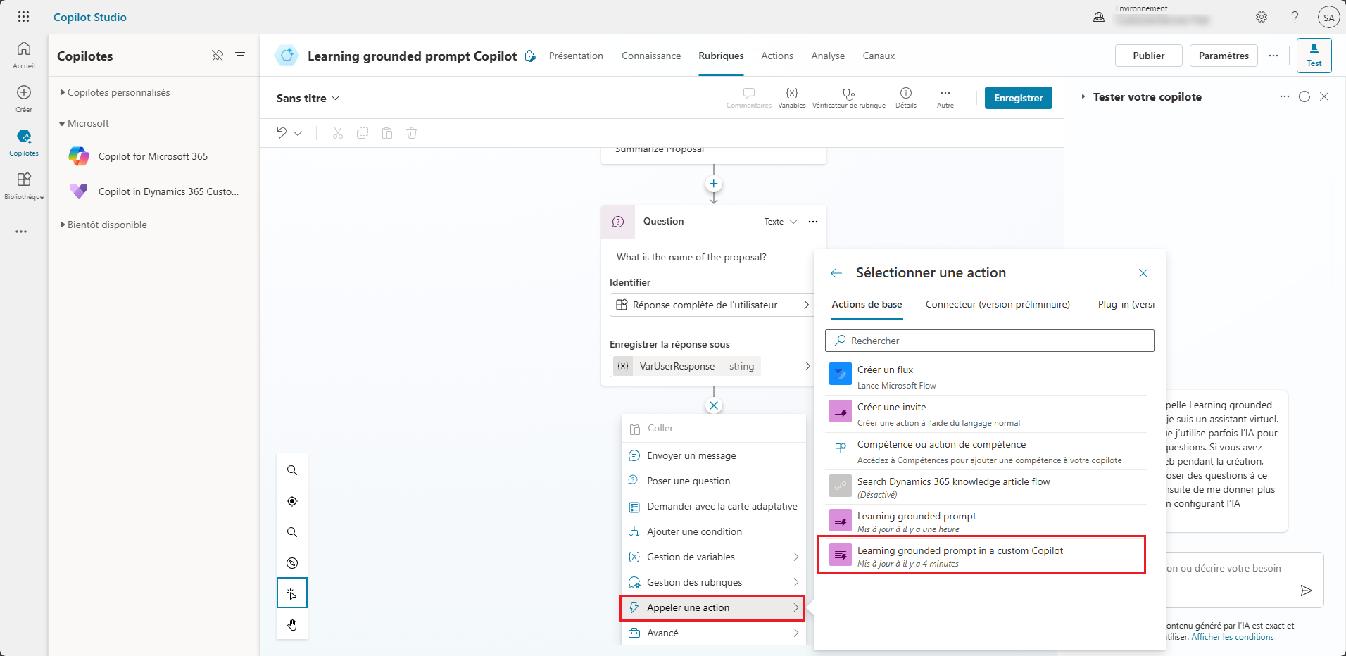 Capture d’écran du déclencheur avec le nœud Appeler une action et l’action mis en évidence.