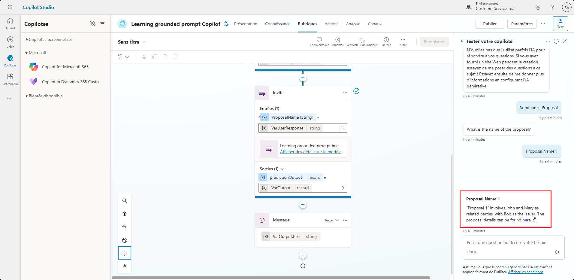 Capture d’écran de la conversation dans la section Tester votre copilote.