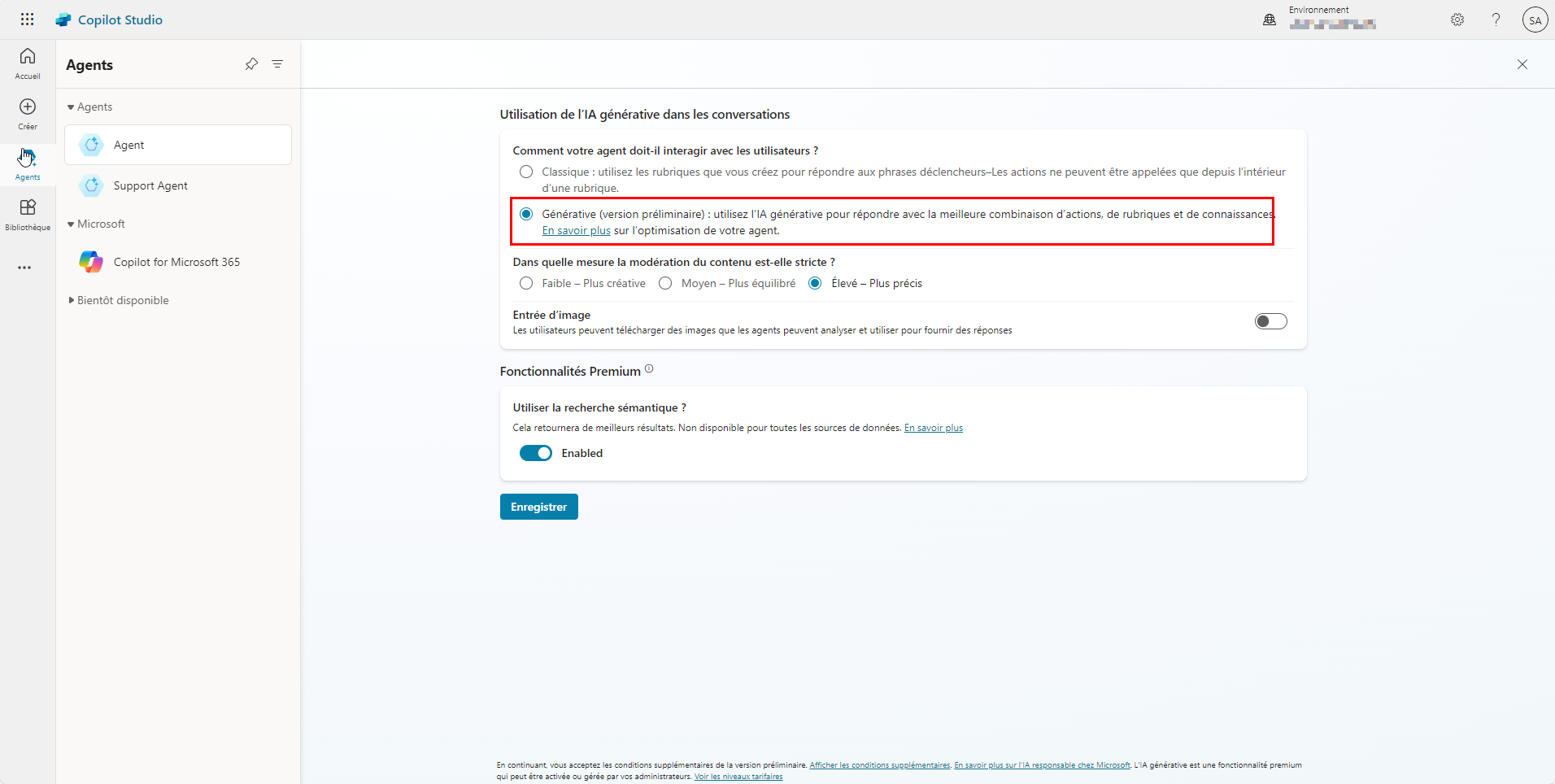 Capture de l’écran Paramètres de Copilot Studio avec le paramètre Générative (version préliminaire) mis en évidence.