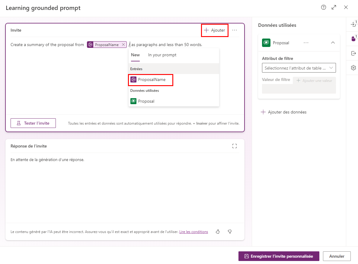 Capture d’écran du clic sur + Insérer et de la sélection de l’option ProposalName.