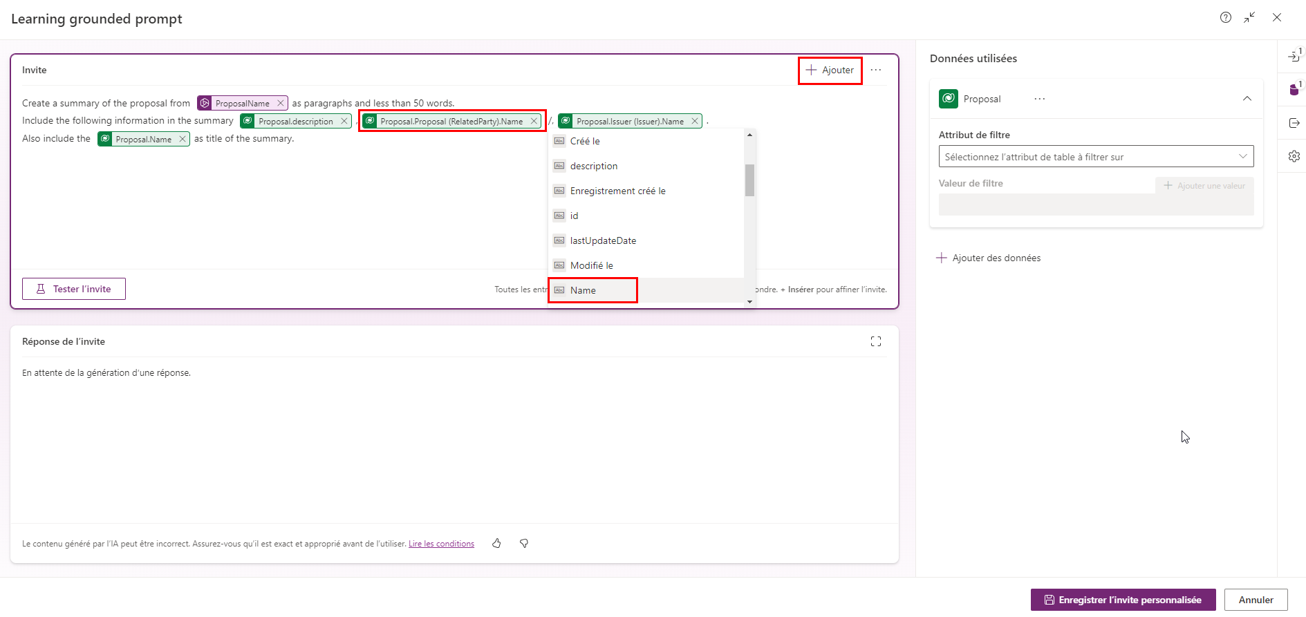 Capture d’écran du clic sur + Insérer et de la sélection de l’attribut Nom.