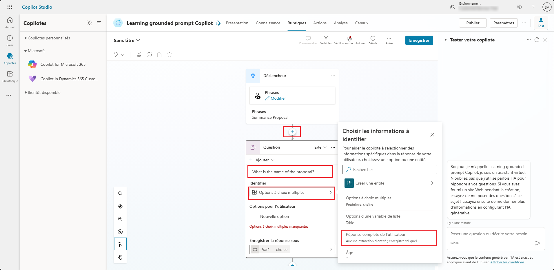Capture d’écran du déclencheur Résumer la proposition avec la question mise en évidence.