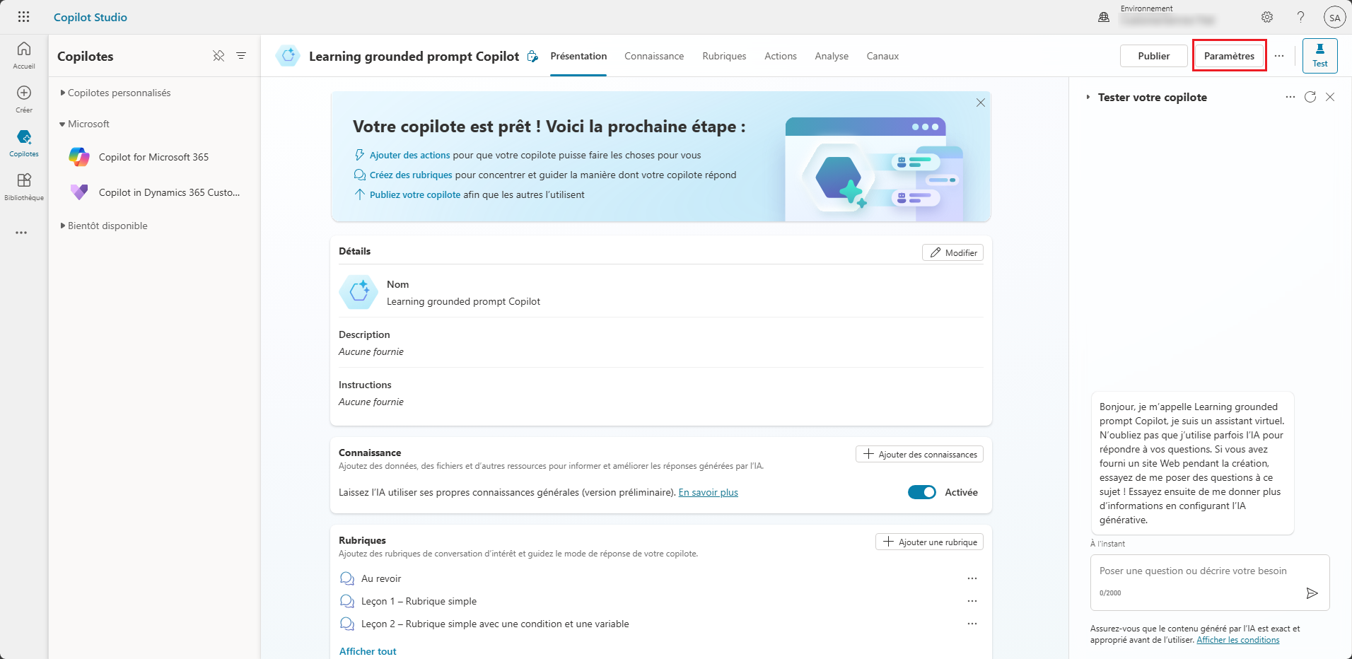 Capture d’écran de Copilot Studio avec le bouton Paramètres mis en évidence.