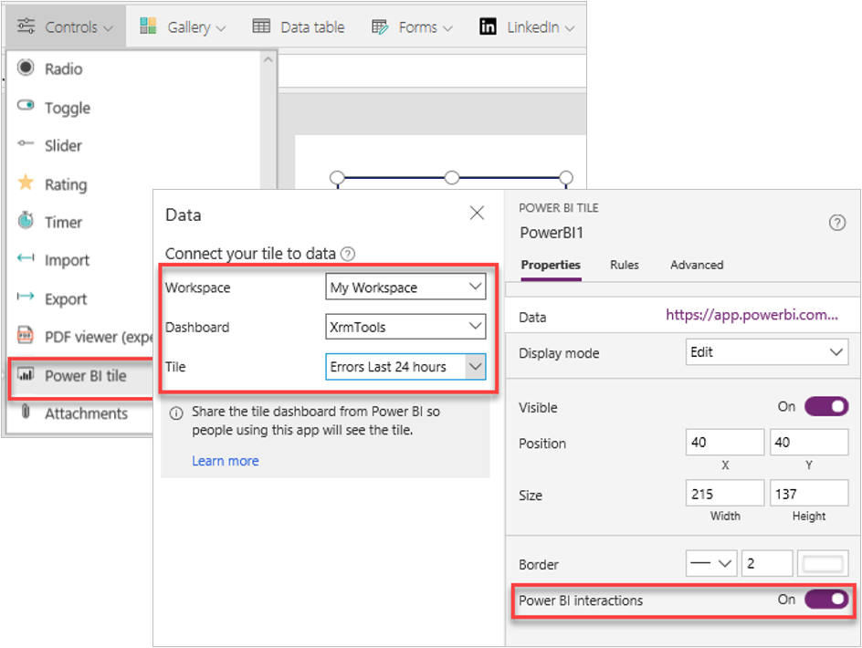 Capture d’écran des vignettes Power BI ajoutées à une application canevas.