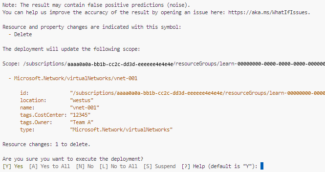 Capture d’écran d’Azure PowerShell montrant la sortie de l’opération de confirmation du déploiement.