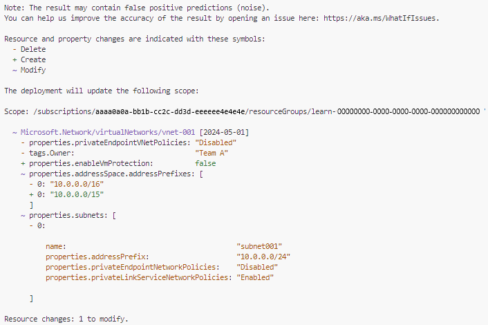 Capture d’écran d’Azure PowerShell montrant la sortie de l’opération de simulation.