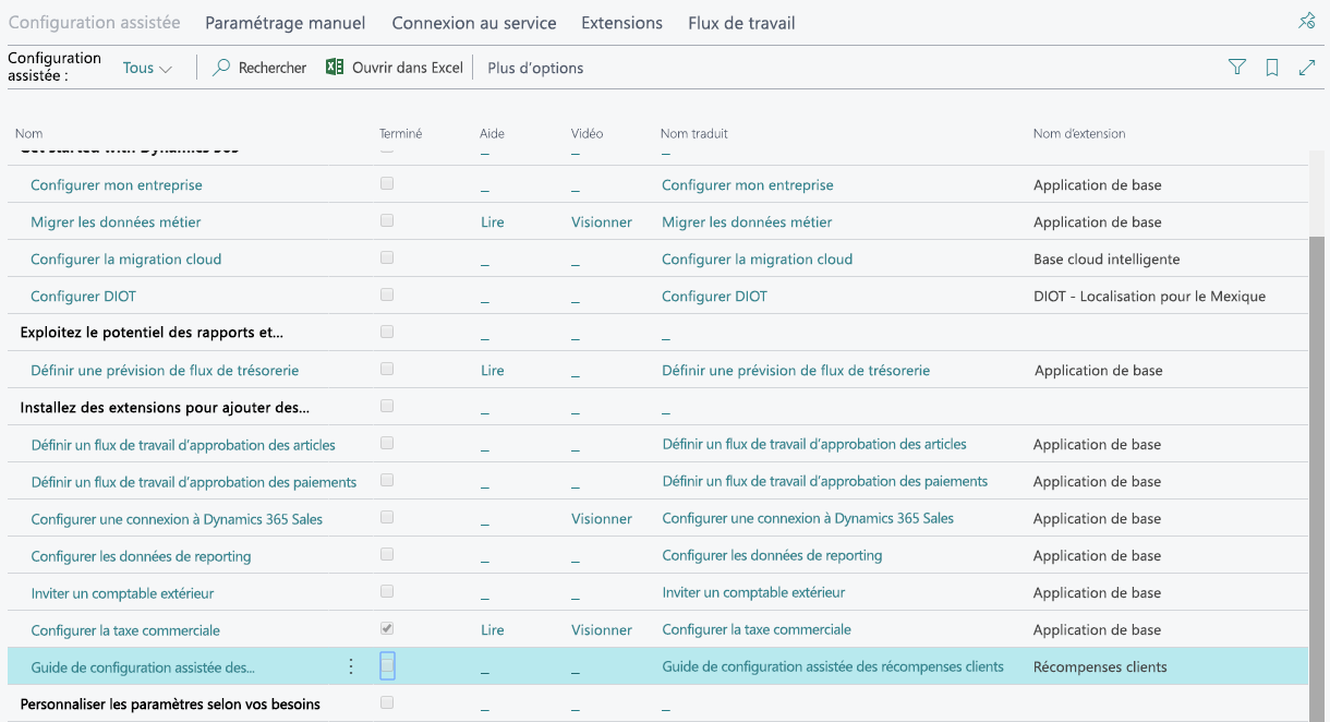 Capture d’écran de la page Configuration assistée avec le guide de configuration assistée Récompenses client mis en évidence.