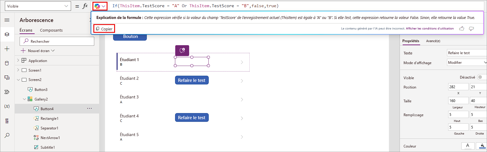 Capture d’écran du bouton Retake Test à afficher uniquement avec des notes différentes de A ou B.