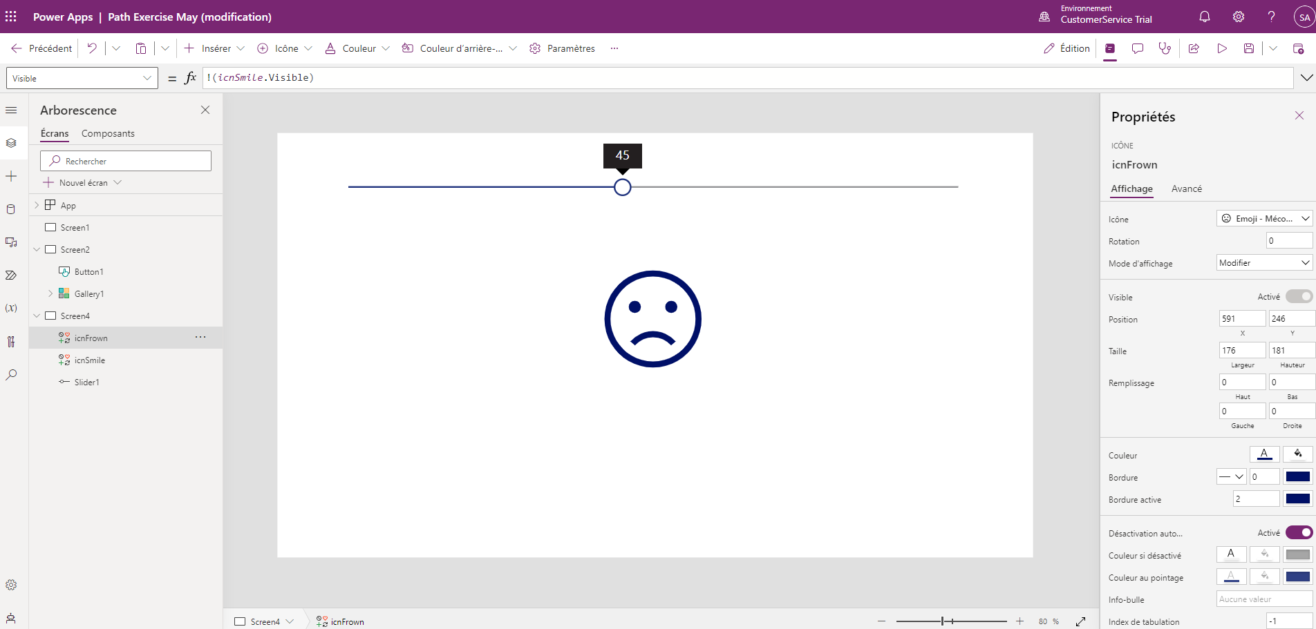 Capture d’écran de l’application avec le contrôle Icône Emoji - Mécontent sélectionné affichant la propriété Visible.