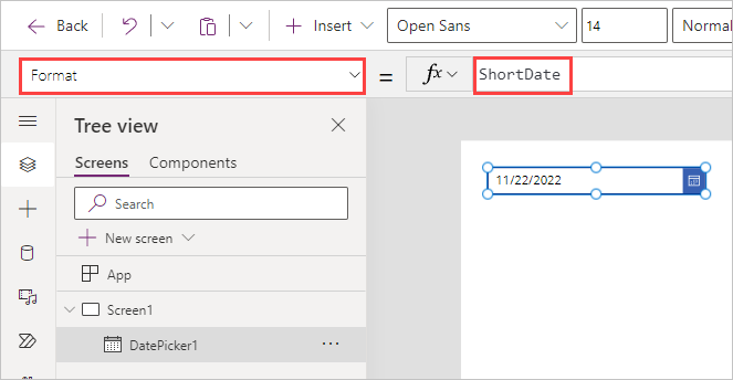Capture d’écran de la propriété Format du nouveau contrôle Sélecteur de dates illustrant la valeur ShortDate dans le champ fx.