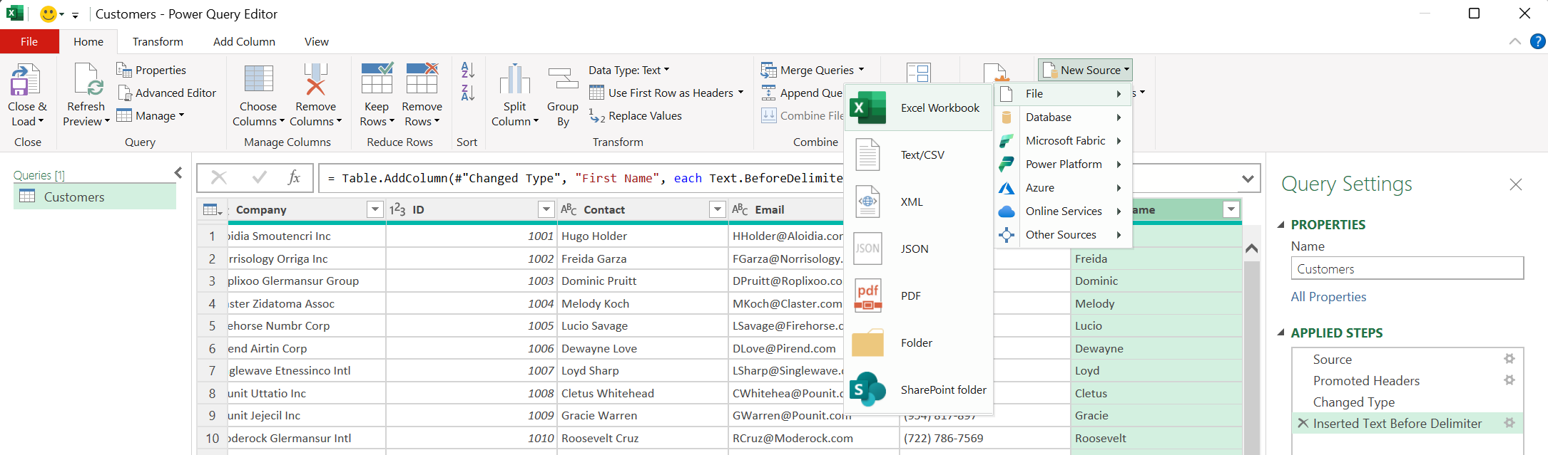 Capture d’écran de la fenêtre de l’Éditeur Power Query montrant les options de l’onglet Accueil avec l’option Nouvelle source >. Fichier > Classeur Excel sélectionnée.
