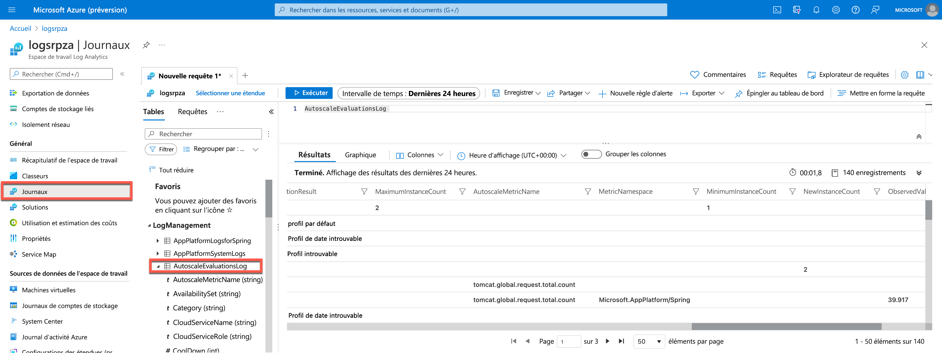 Capture d’écran du menu Log Analytics dans le portail Azure.