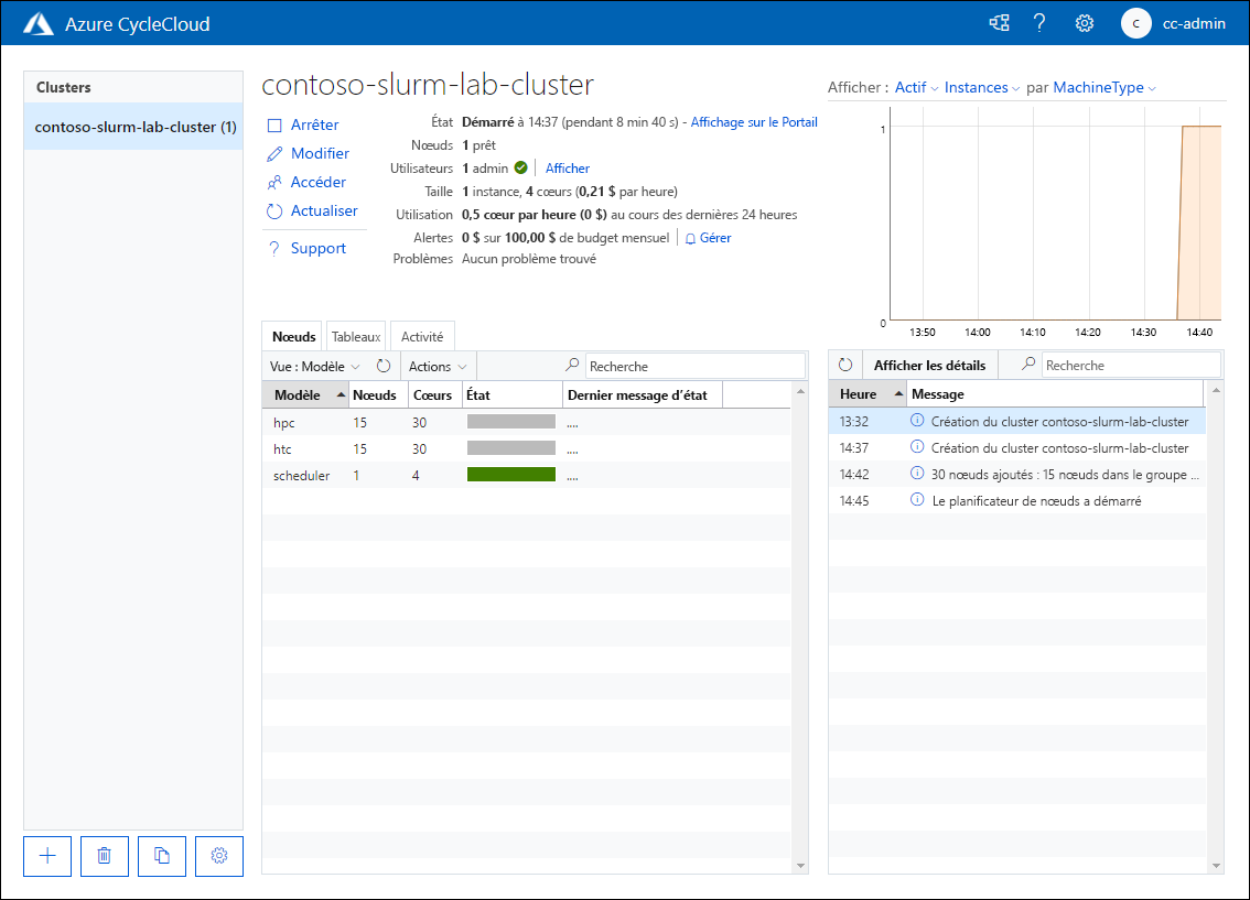 Capture d’écran montrant la page Nœuds de contoso-slurm-lab-cluster dans l’état démarré dans l’application web Azure CycleCloud.