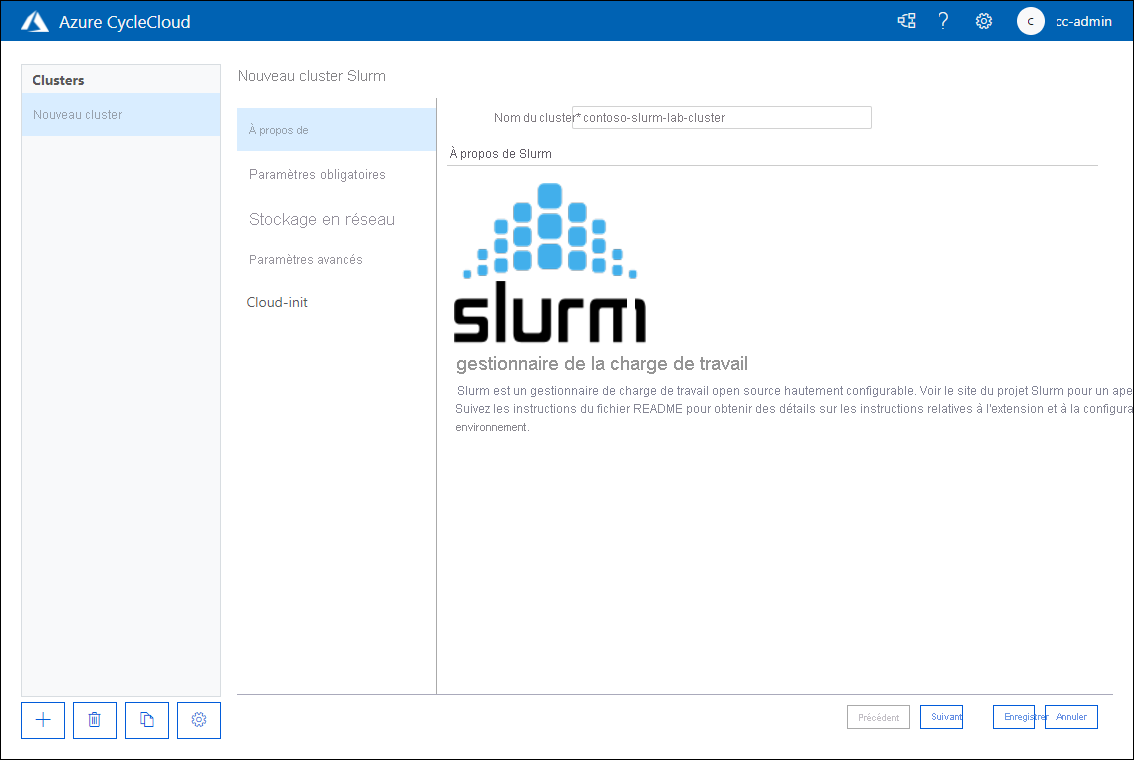 Capture d’écran montrant l’onglet À propos de la page Nouveau cluster Slurm de l’application web Azure CycleCloud.
