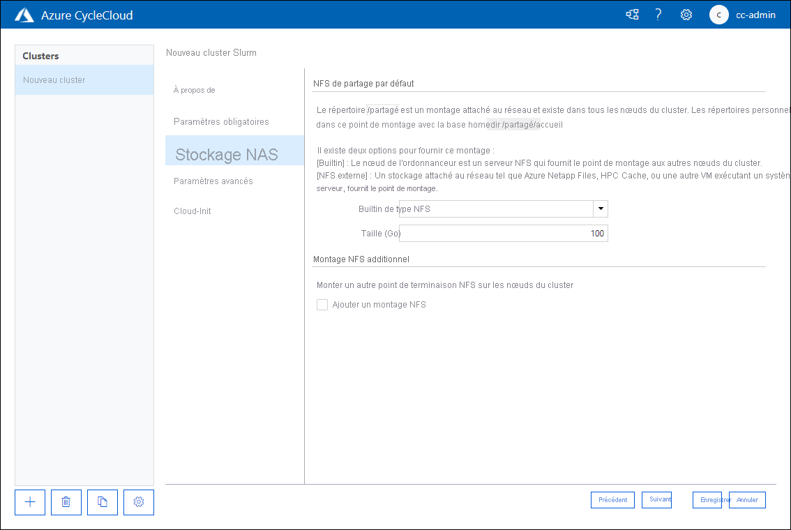 Capture d’écran montrant l’onglet Stockage attaché au réseau de la page Nouveau cluster Slurm de l’application web Azure CycleCloud.
