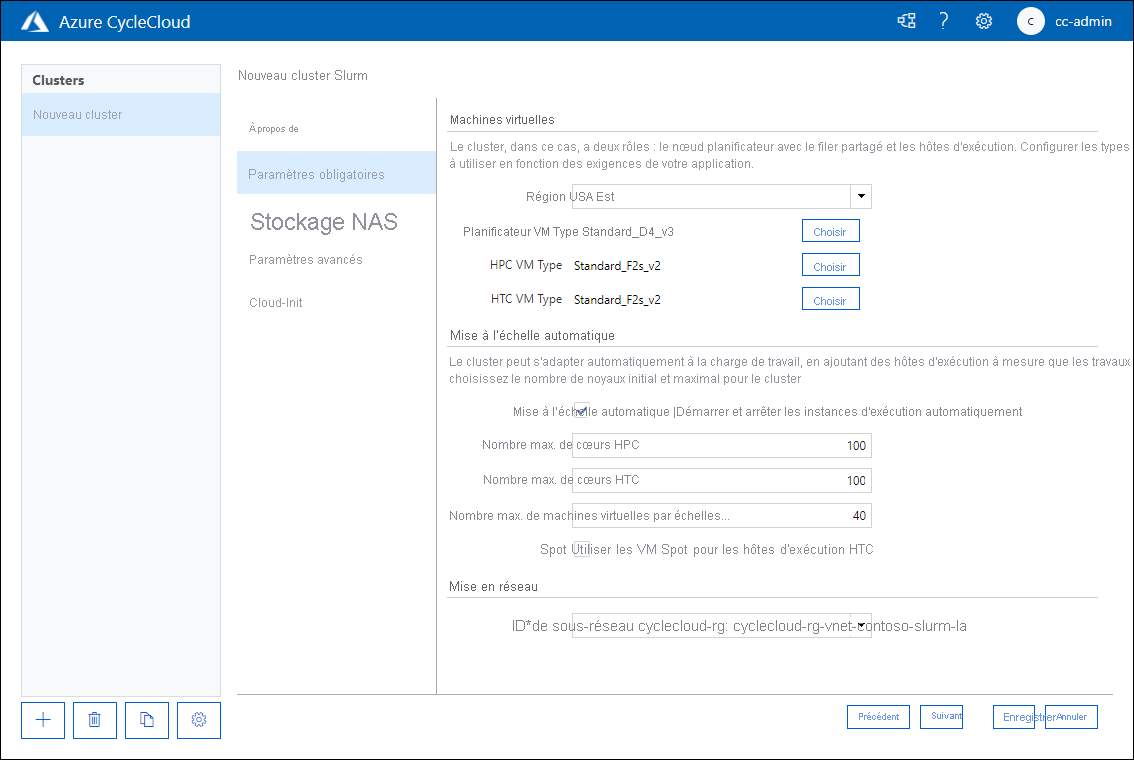 Capture d’écran montrant l’onglet Paramètres requis de la page Nouveau cluster Slurm de l’application web Azure CycleCloud.