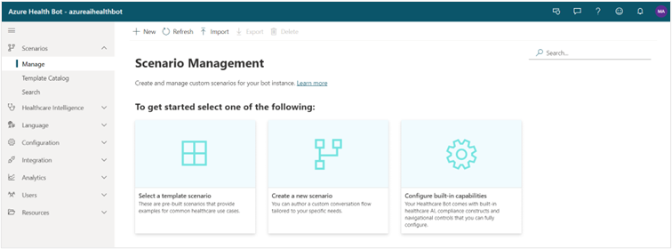 Screenshot of the Azure AI Health Bot welcome page.