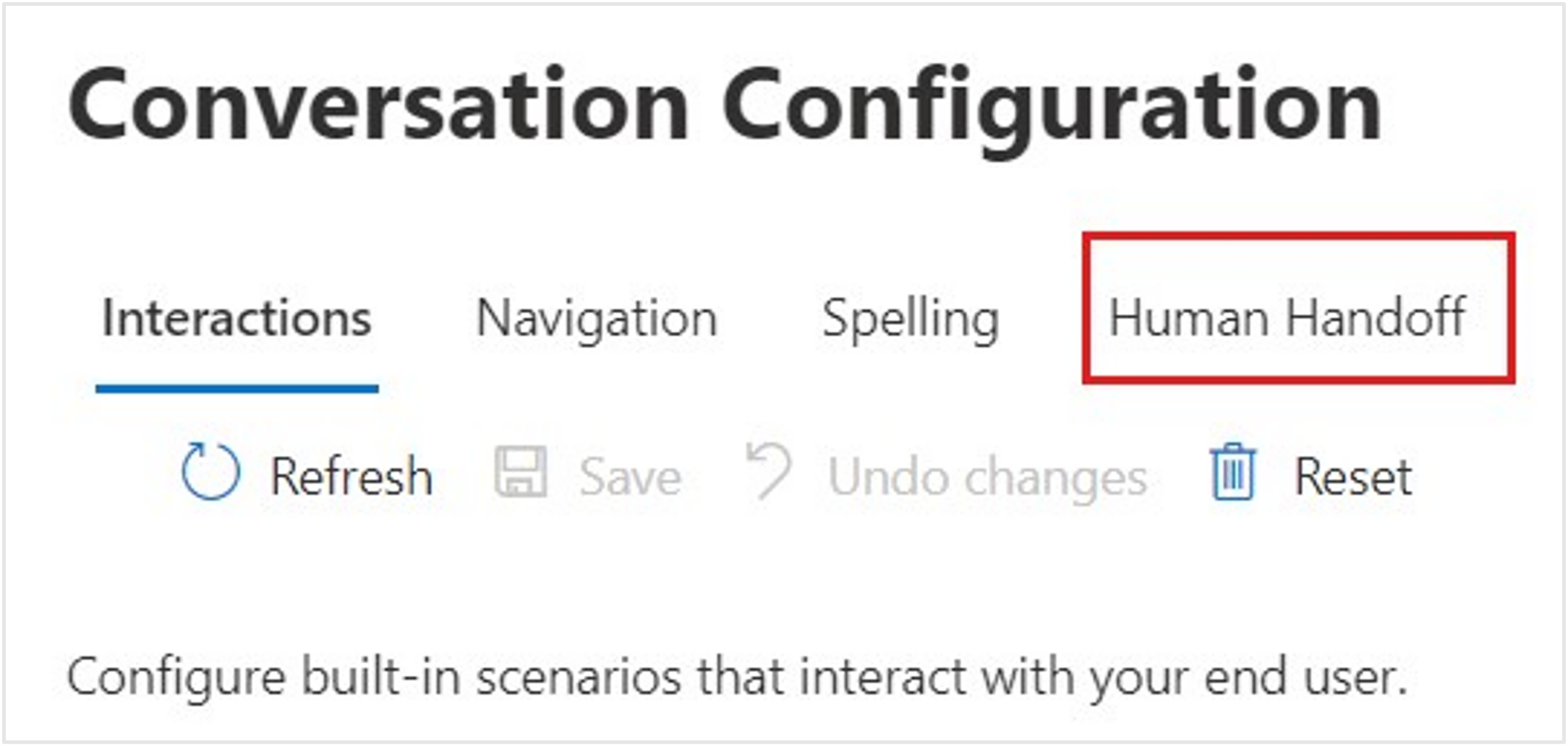Screenshot of the Human Handoff page including fields for End user timeout, Agent timeout, and Waiting message.