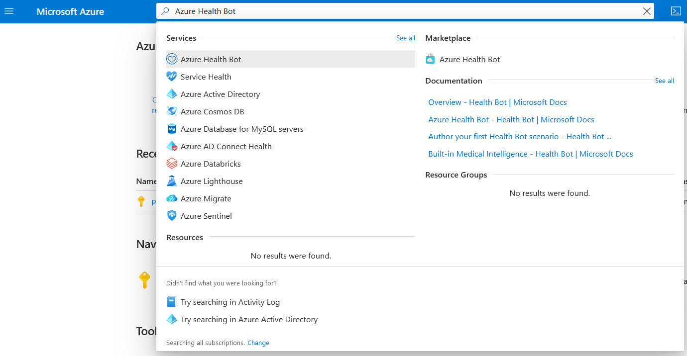 Screenshot of the search bar and the search for Azure AI Health Bot.
