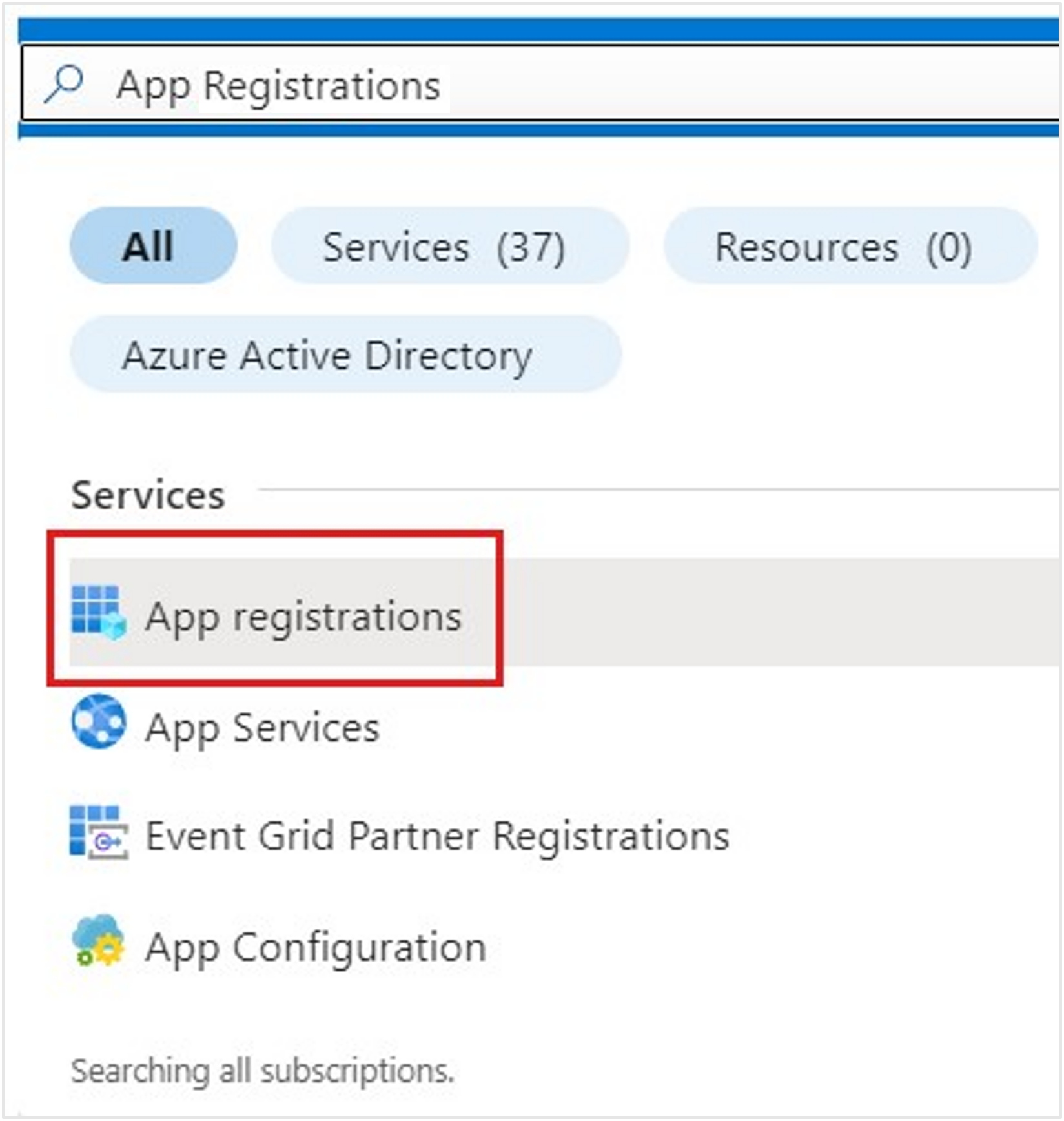 Screenshot of the Azure portal search box with App registrations entered.
