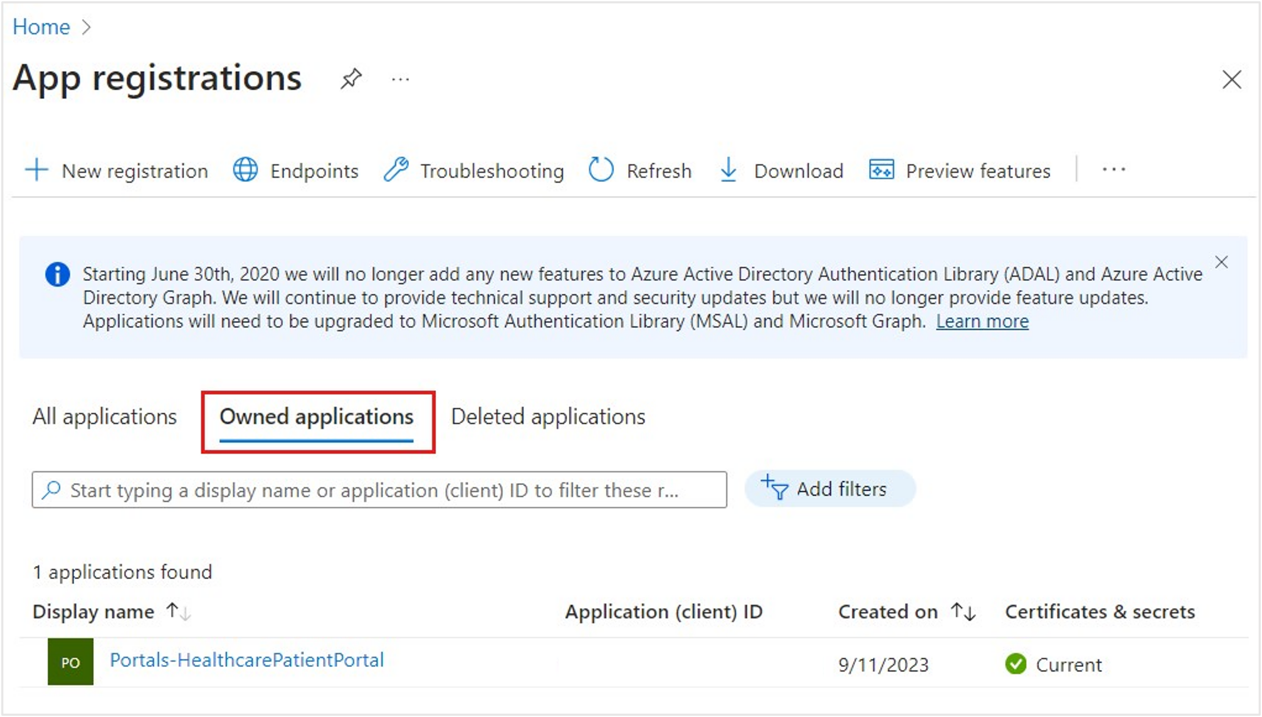 Screenshot of the Owned applications tab on the App registrations homepage.