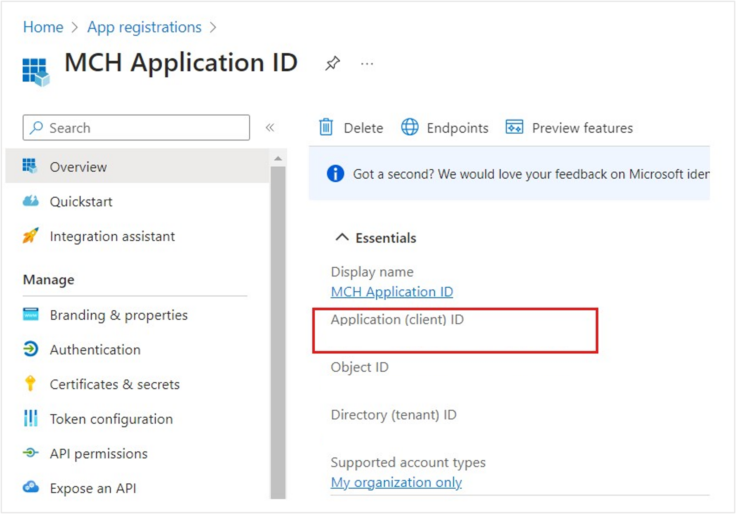 Screenshot of the MCH Application ID page, including the Application (client ID) option in the Essentials section.