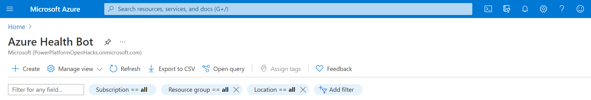 Screenshot of the Azure AI Health Bot instance with the Create button highlighted.
