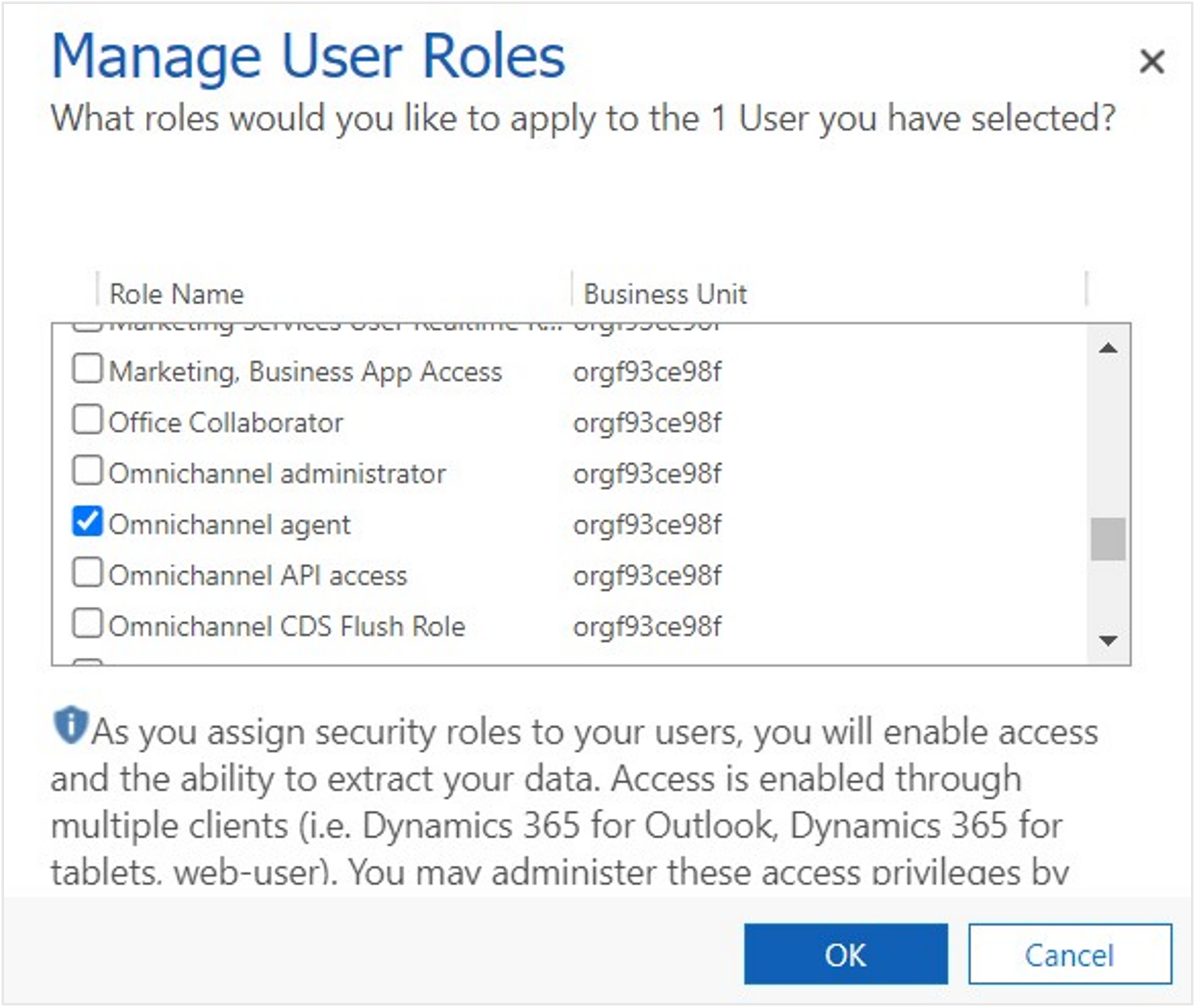 Screenshot of adding the Omnichannel agent role to the bot user.