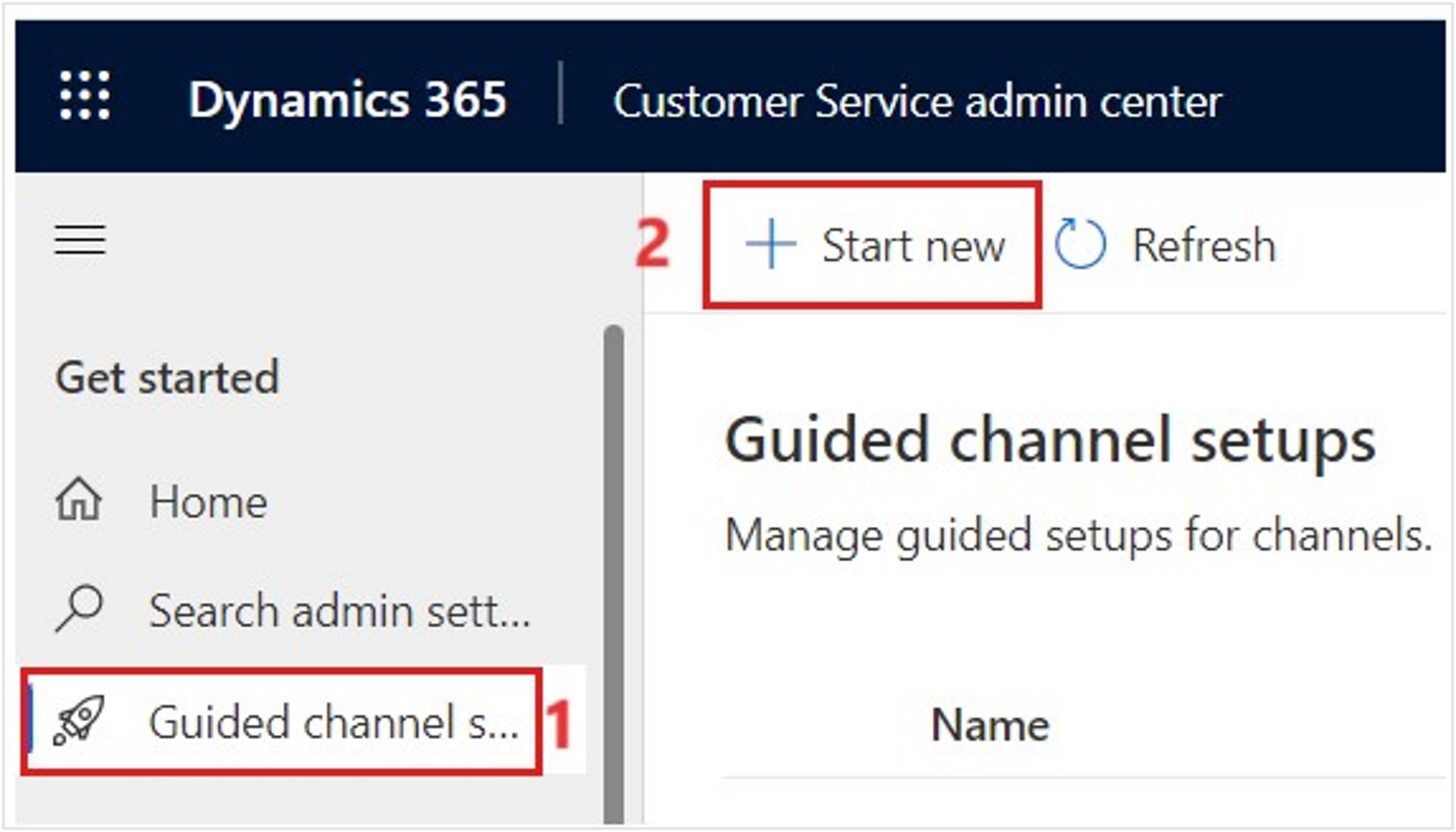 Screenshot of the Customer Service admin center Home page with the Begin button highlighted next to Guided channel setup.