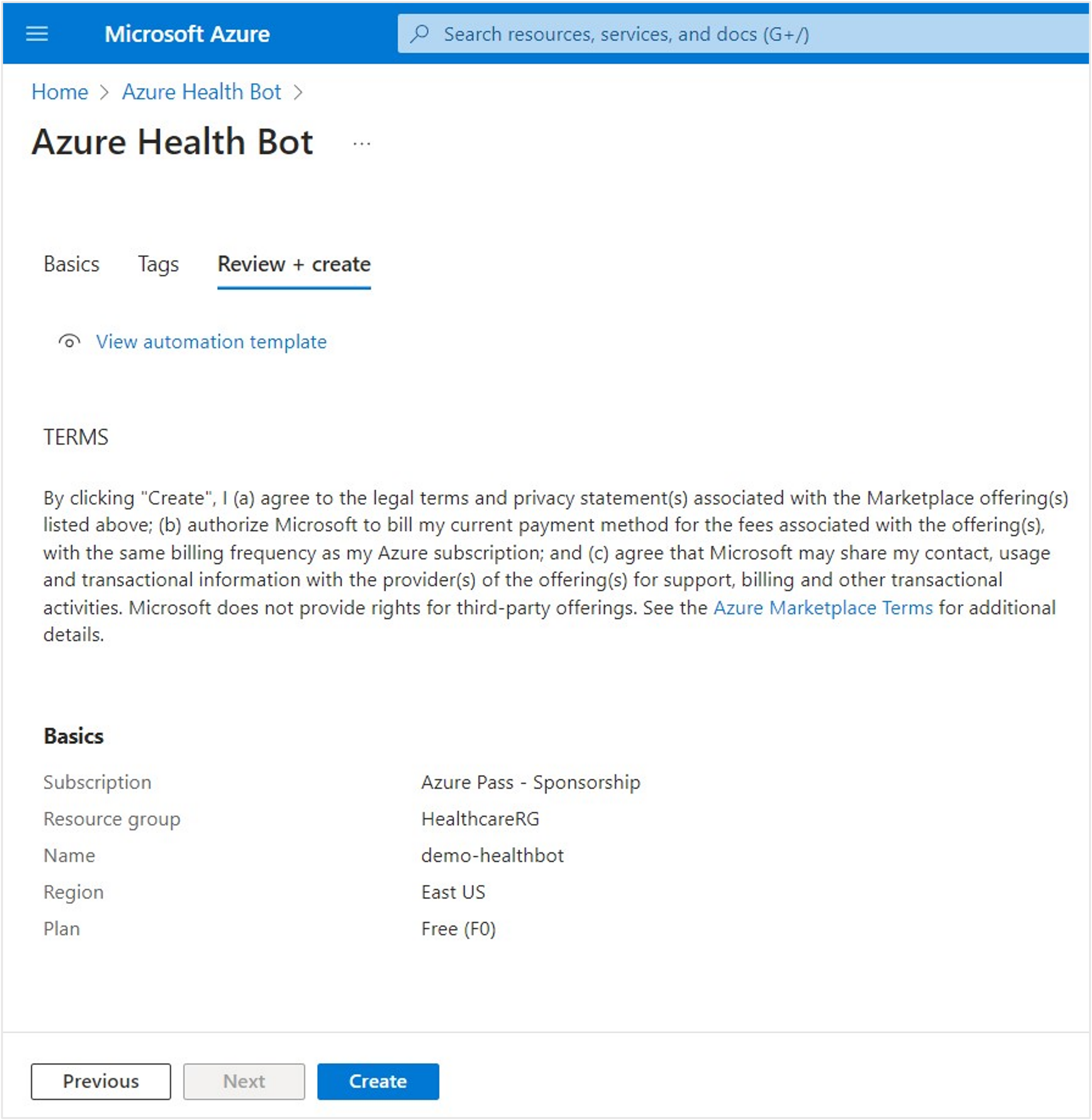 Screenshot of the Azure AI Health Bot review and create terms and the Create button.