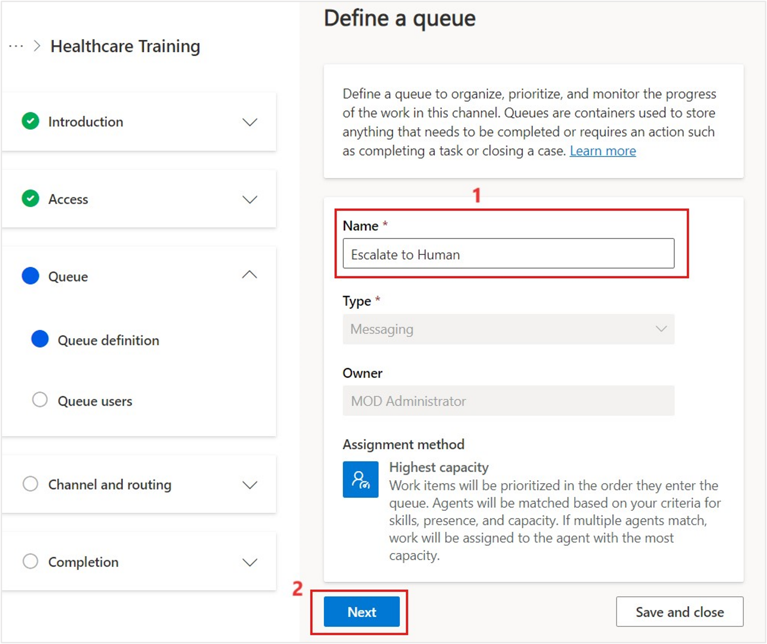 Screenshot of the Define a queue form.