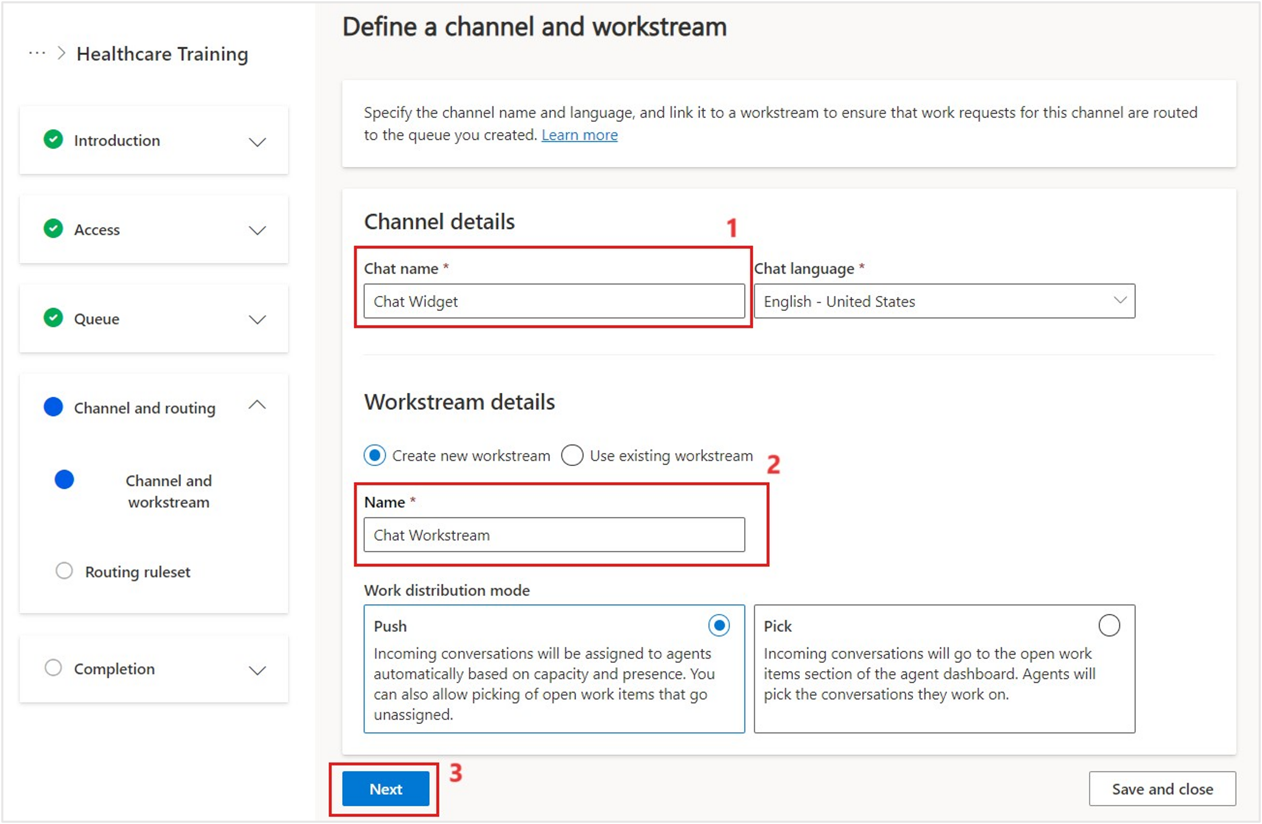 Screenshot of the create a channel and workstream form.