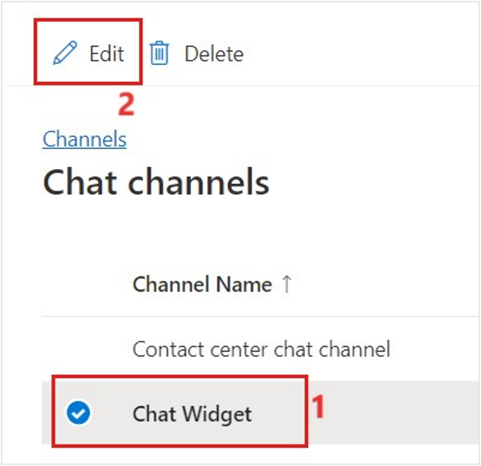 Screenshot of the Chat channels subgrid, showing the Chat Widget channel and the Edit button highlighted.