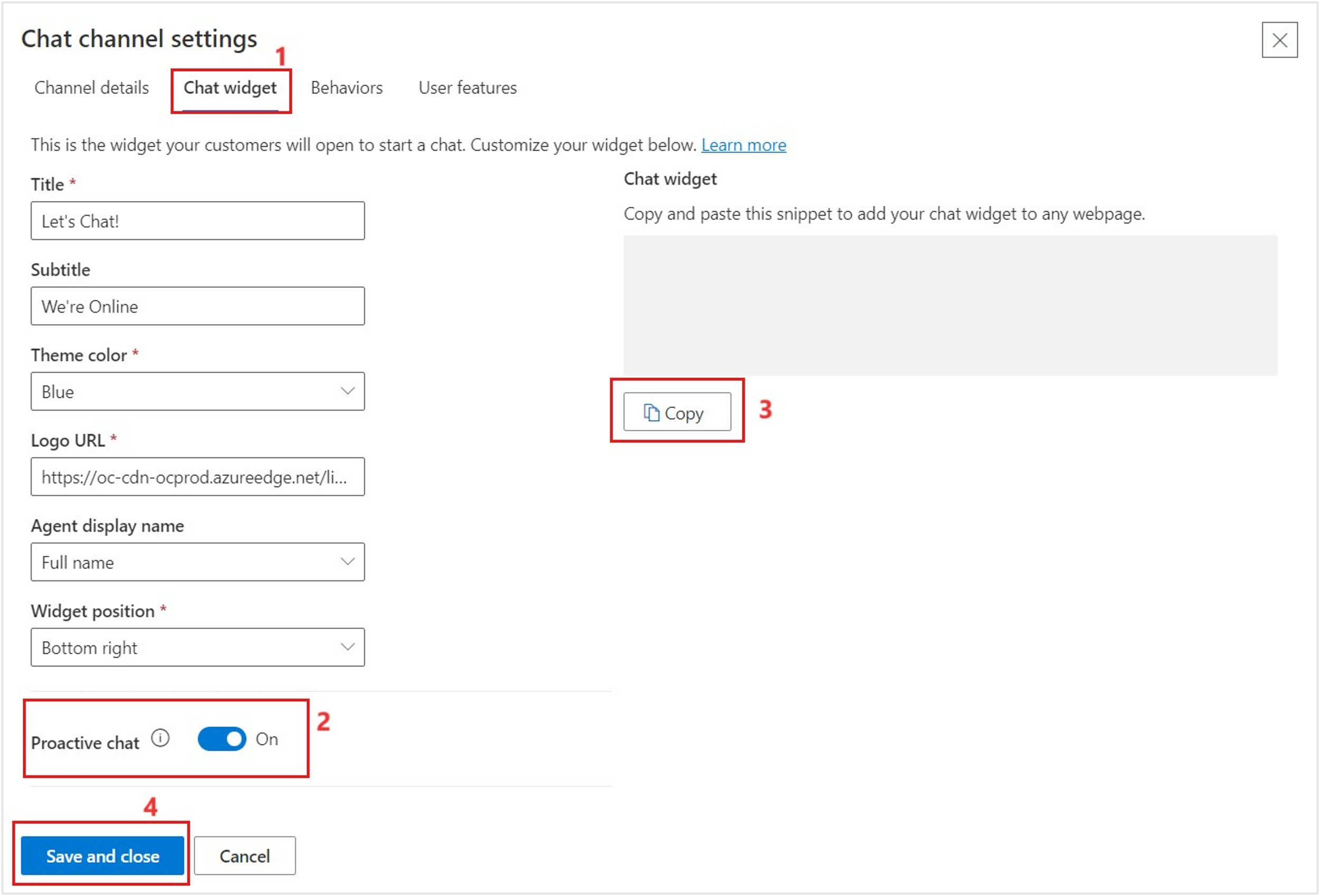 Screenshot of the Chat widget tab in Chat channel settings with Proactive chat enabled.