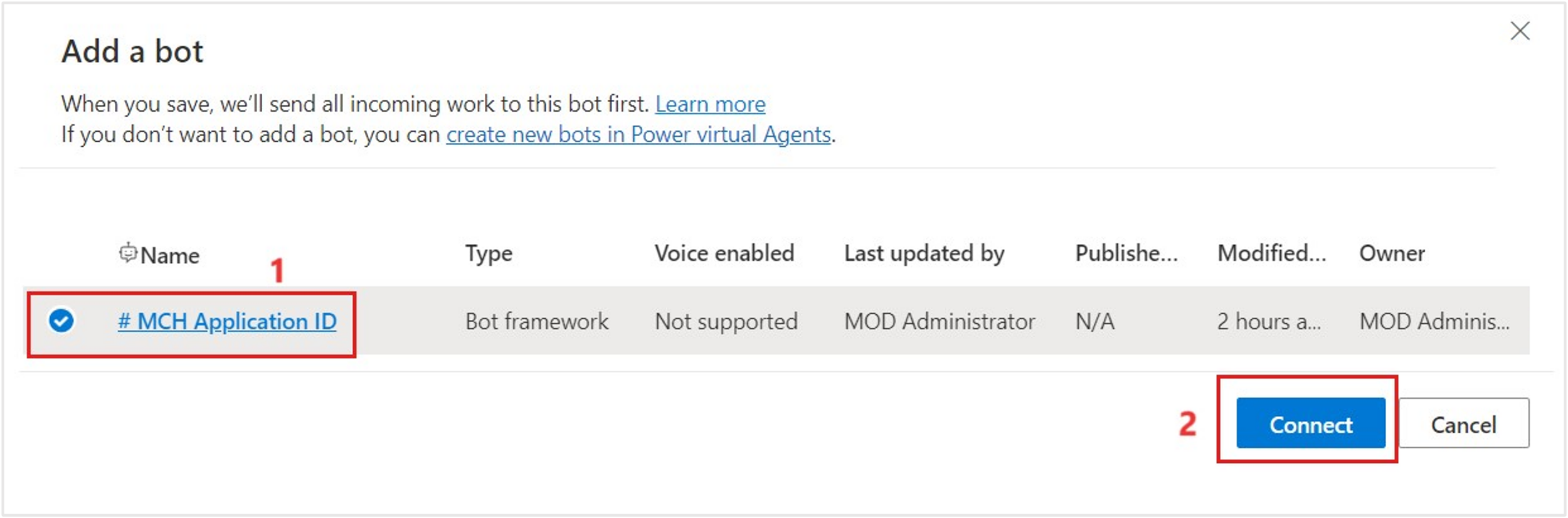 Screenshot of selecting the bot user from the Name dropdown menu.