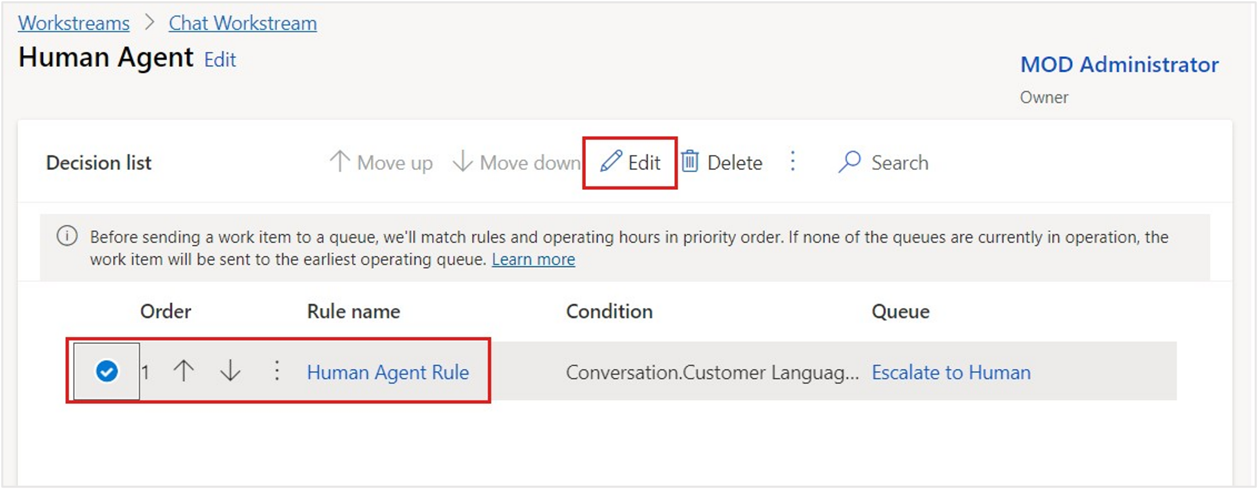 Screenshot of the Human Agent routing subgrid with Human Agent Rule highighted in the Decision list.