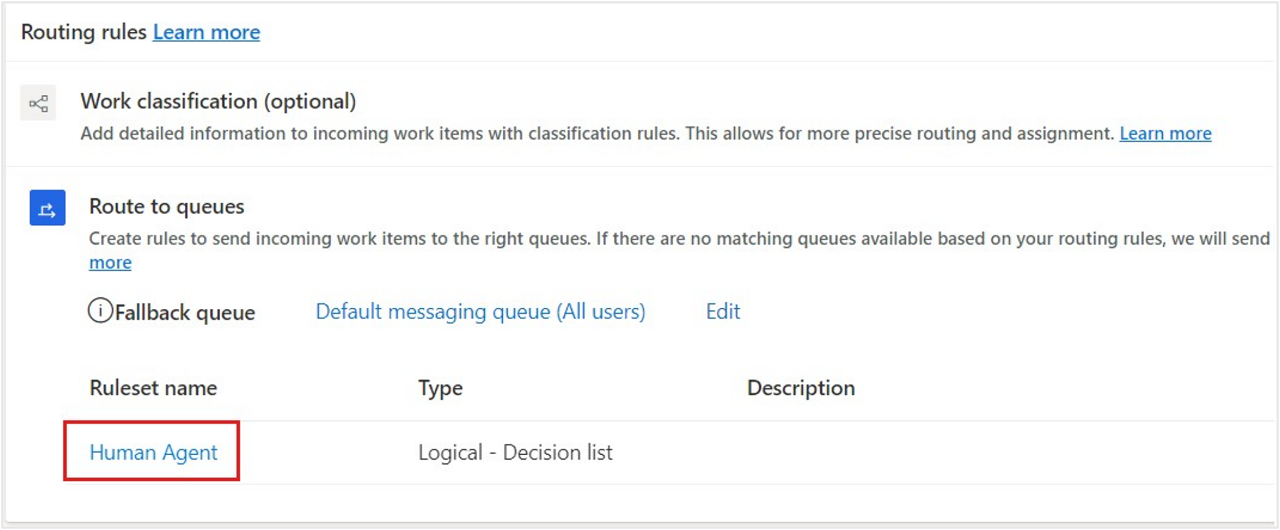 Screenshot of the ruleset name in the Routing rules area.