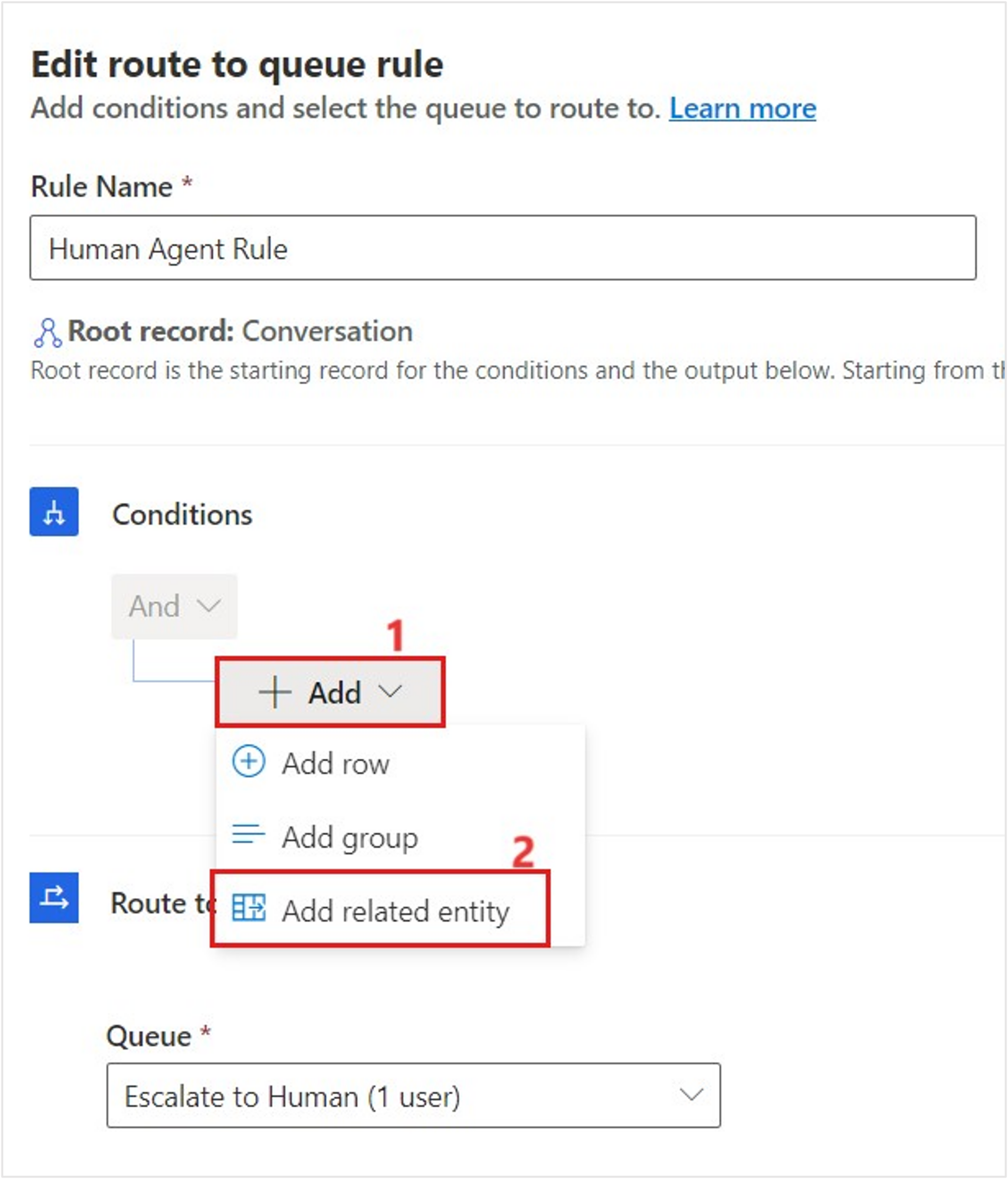 Screenshot of selecting Add related entity from the Add dropdown menu.