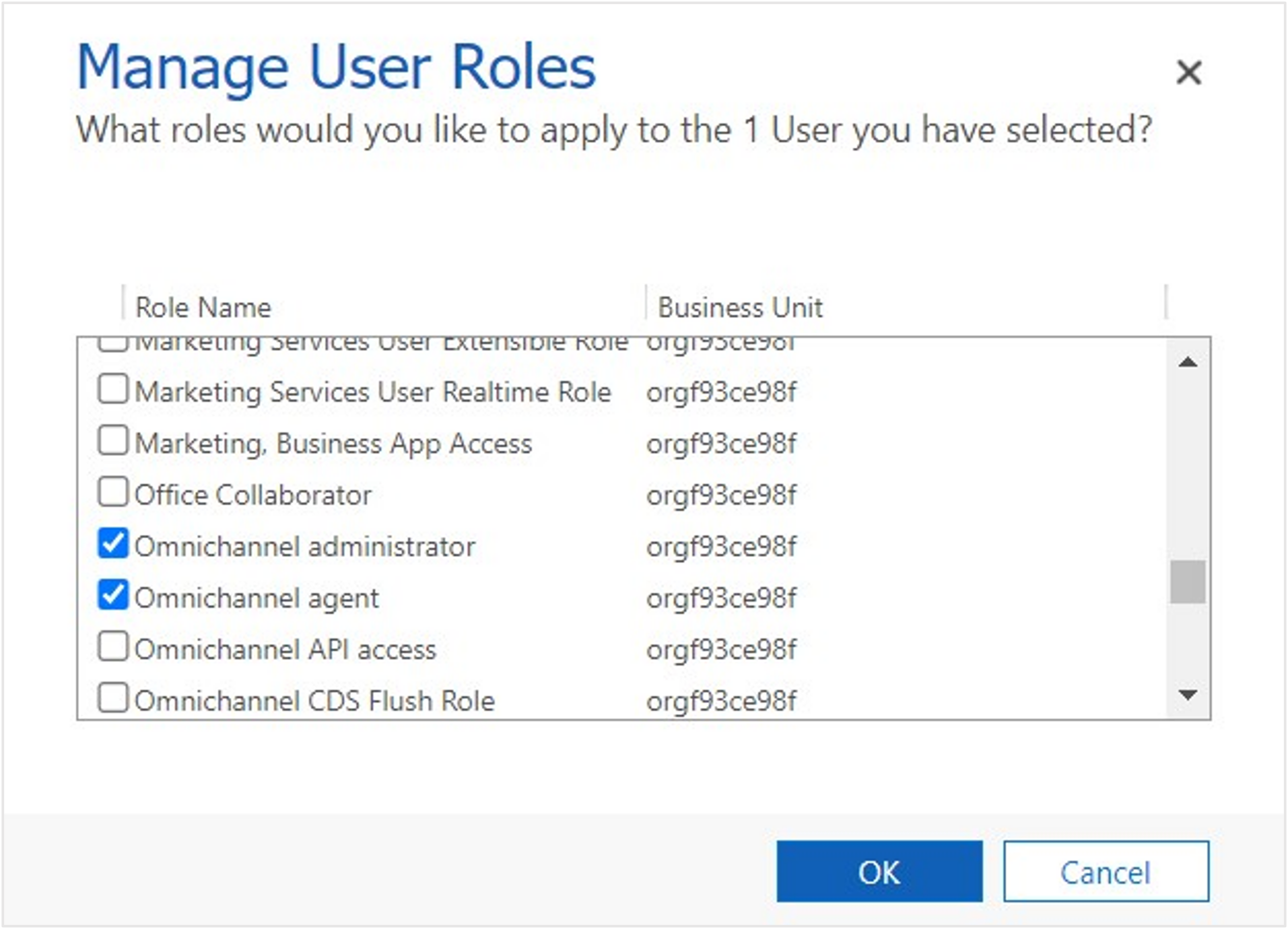 Screenshot of the Omnichannel administrator and agent roles assigned to the bot user.