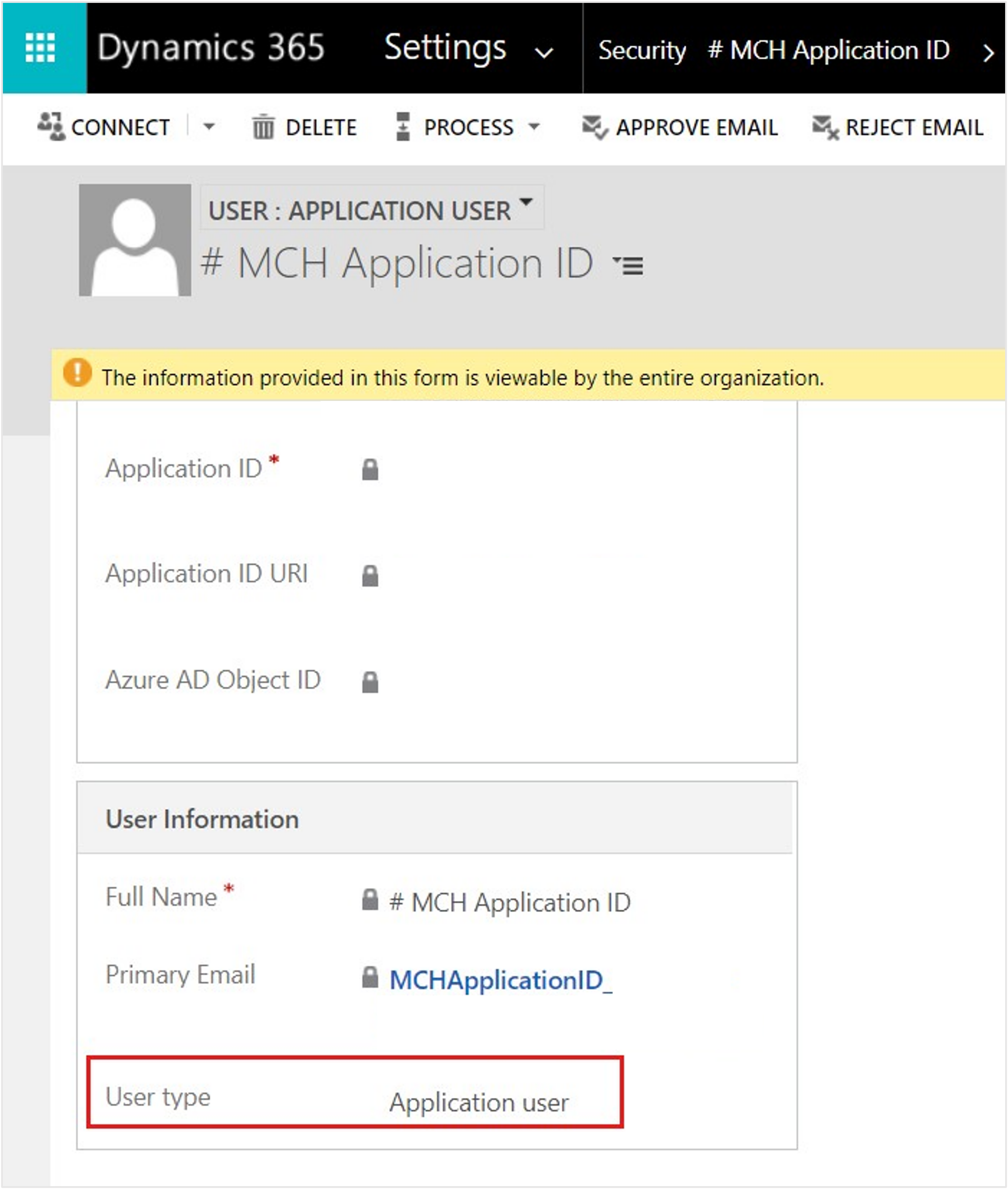 Screenshot of the Application User form.