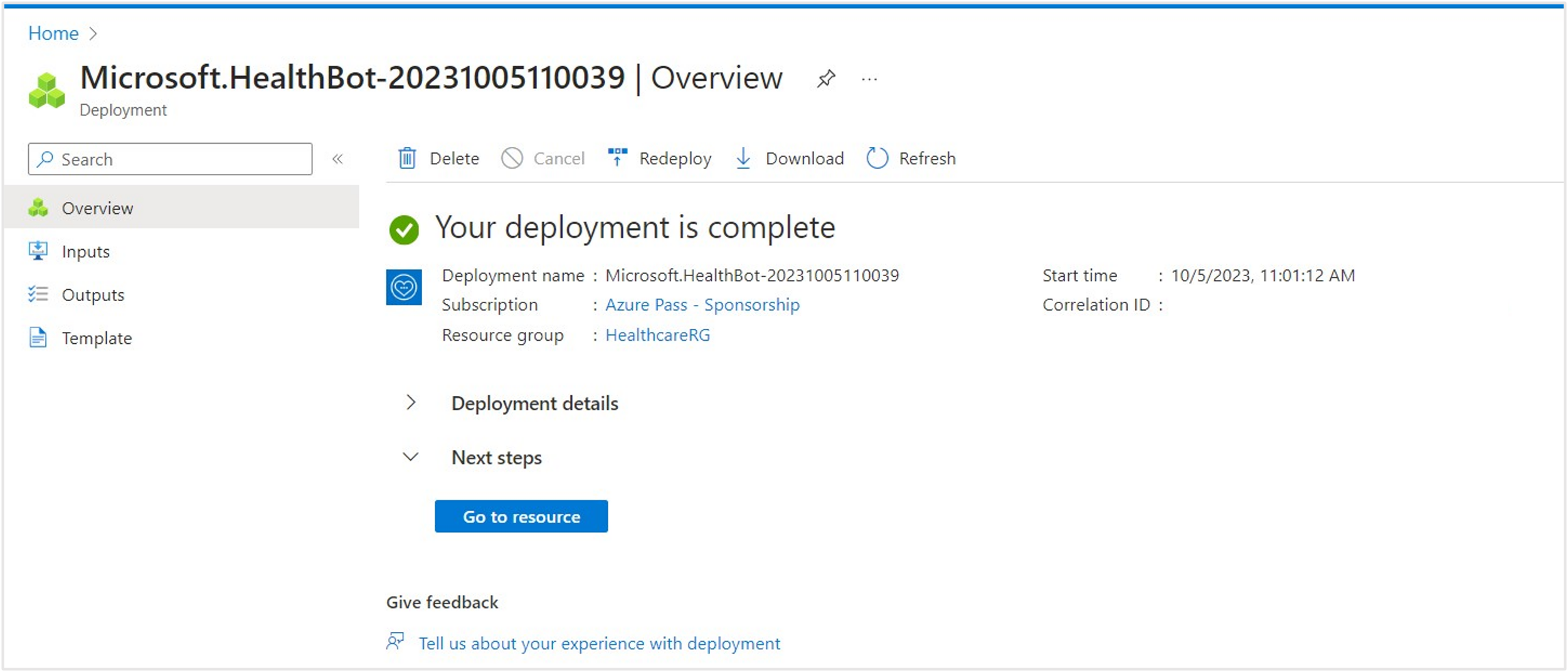 Screenshot of the Azure AI Health Bot Deployment page.