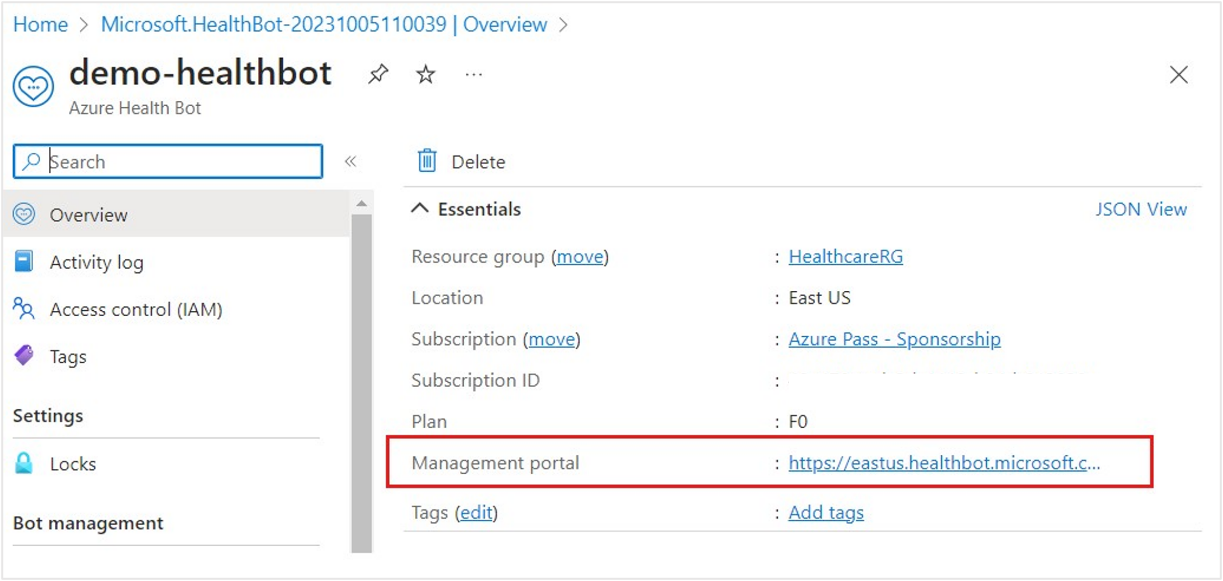 Screenshot of the Resource page, showing the Management portal link on the right of the Essentials section.