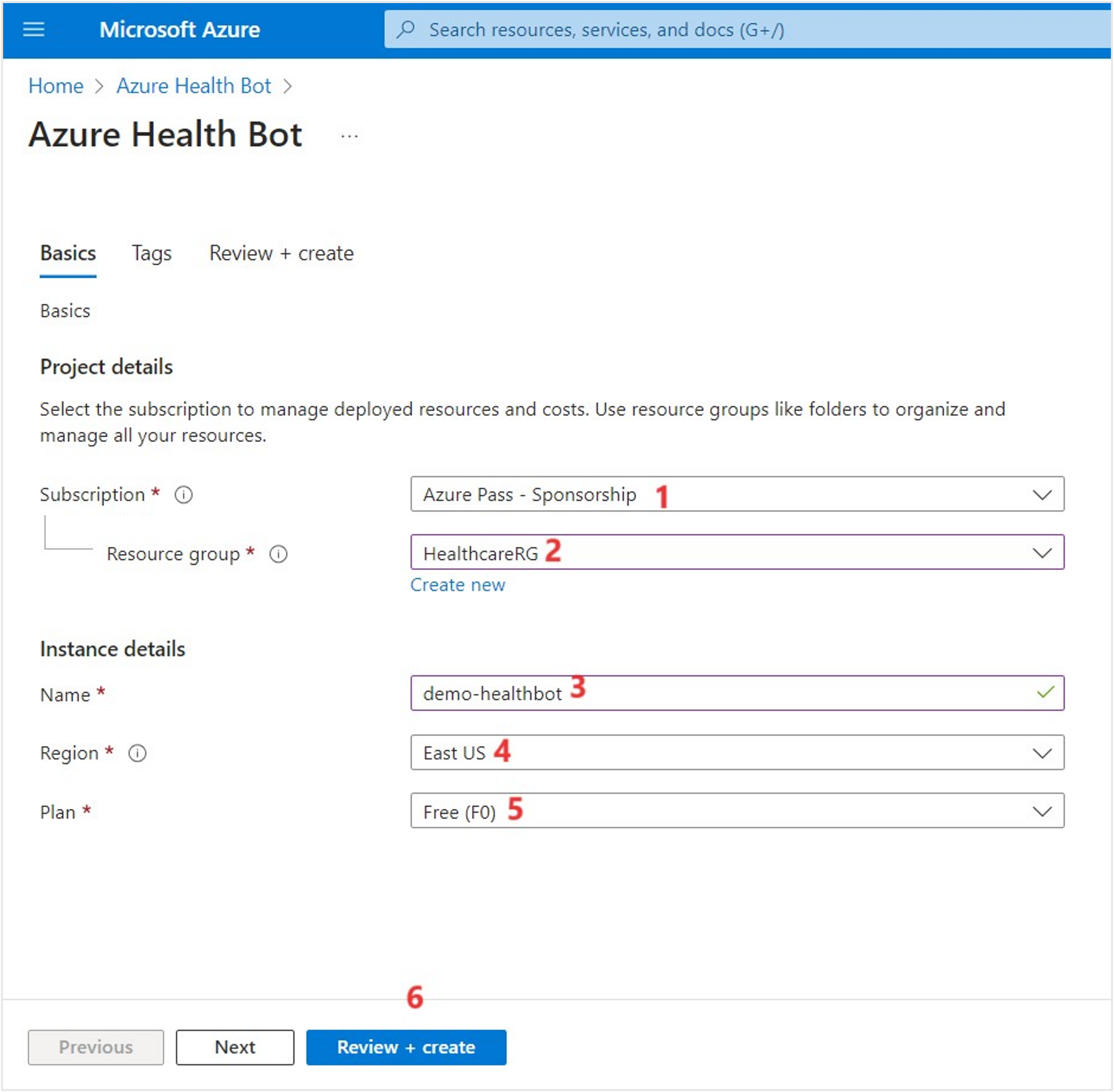 Screenshot of the Azure AI Health Bot Basics tab with the fields filled in showing the Review + create.