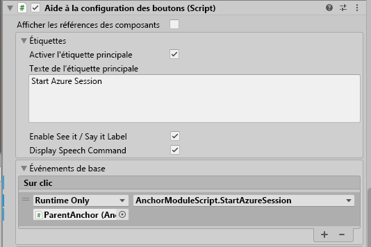 Screenshot that shows Unity with the StartAzureSession button's OnClick event configured.