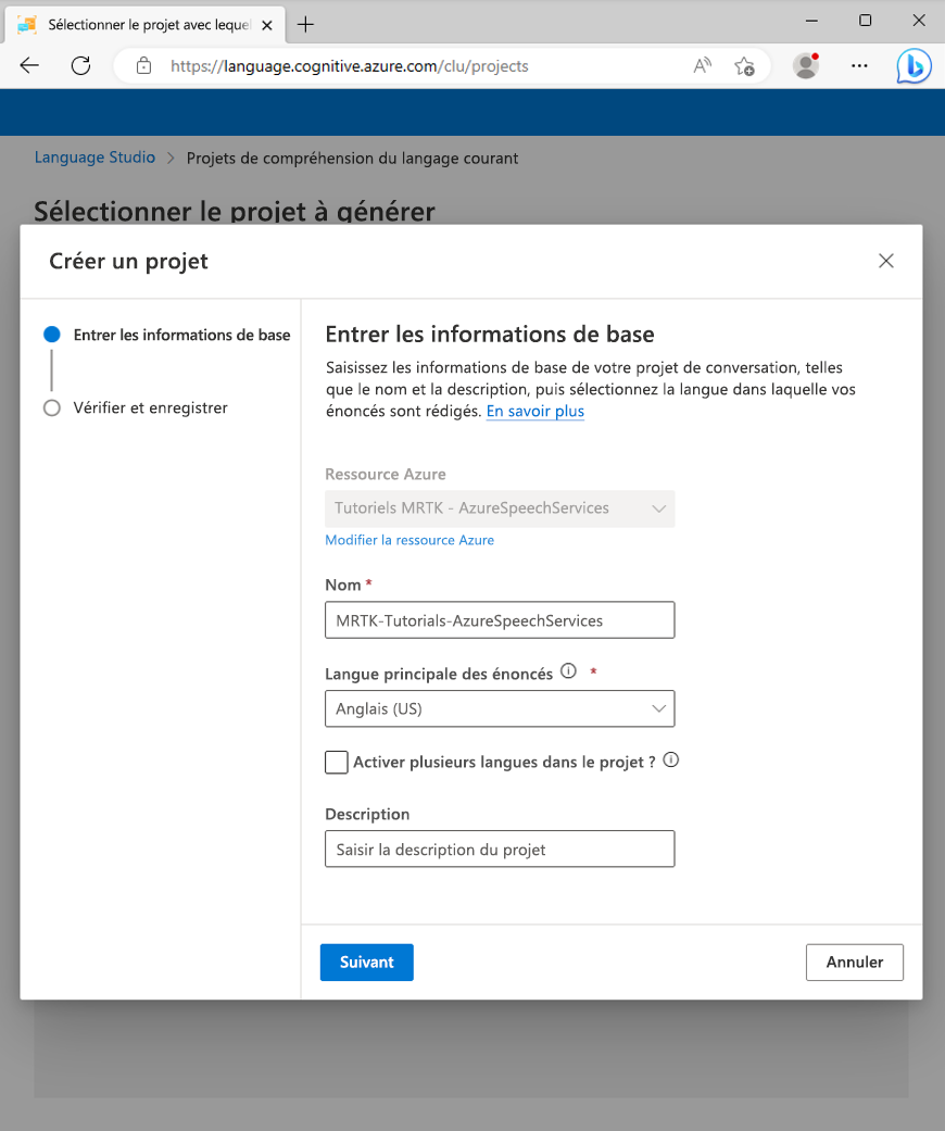 Screenshot of the Create a project popup.