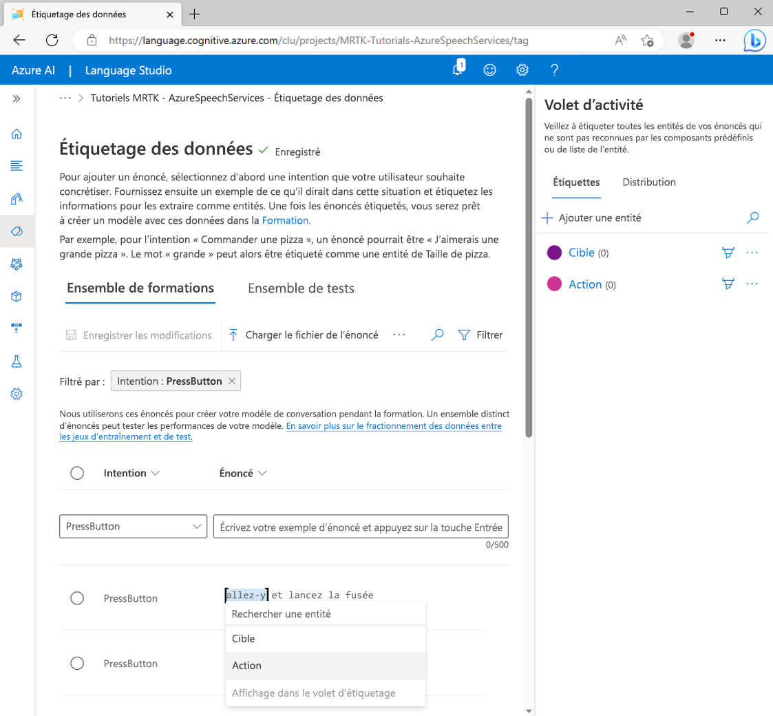 Screenshot of labeling go ahead as an action entity value.