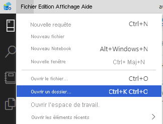 Screenshot of opening a folder in Azure Data Studio.