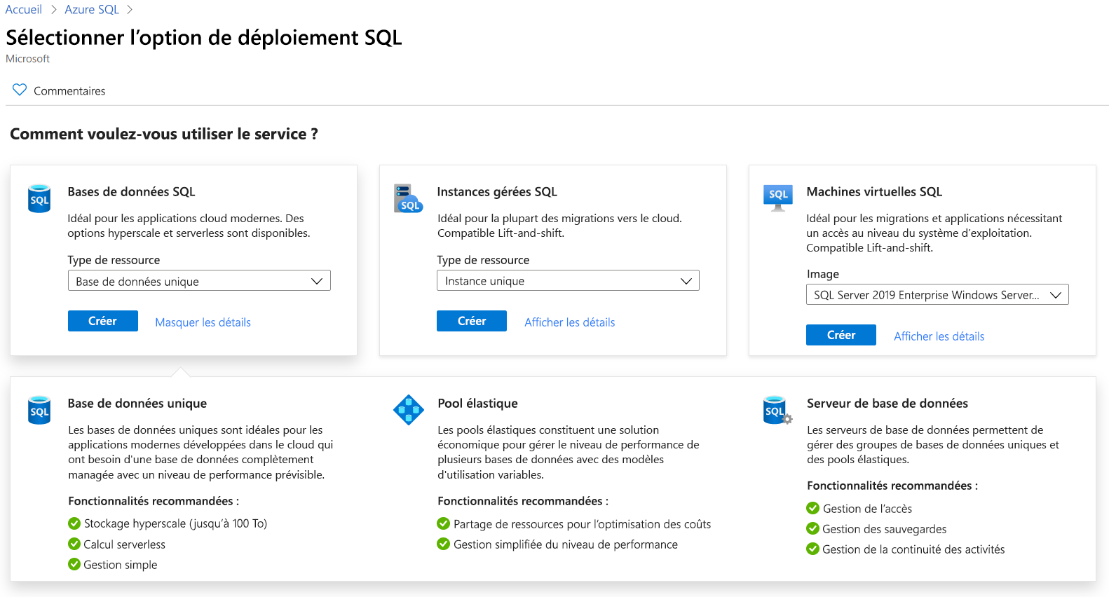 Screenshot that shows the Azure SQL deployment options in the Azure portal.